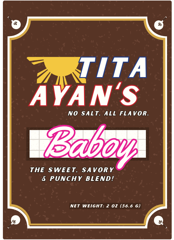 Packaging for Tita Ayan's Baboy, a savory pork product, with a sun illustration, and text indicating it has no salt, with a net weight of 2 ounces.