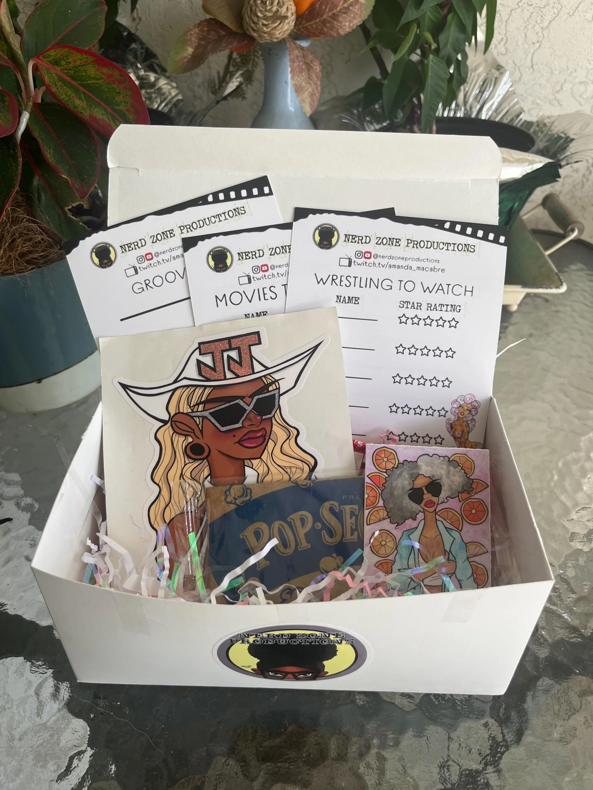 Nerd Zone Popcorn Box – Alternative Movies, Indie Wrestling, Groovy Music – Handmade Stickers & Curated Snacks