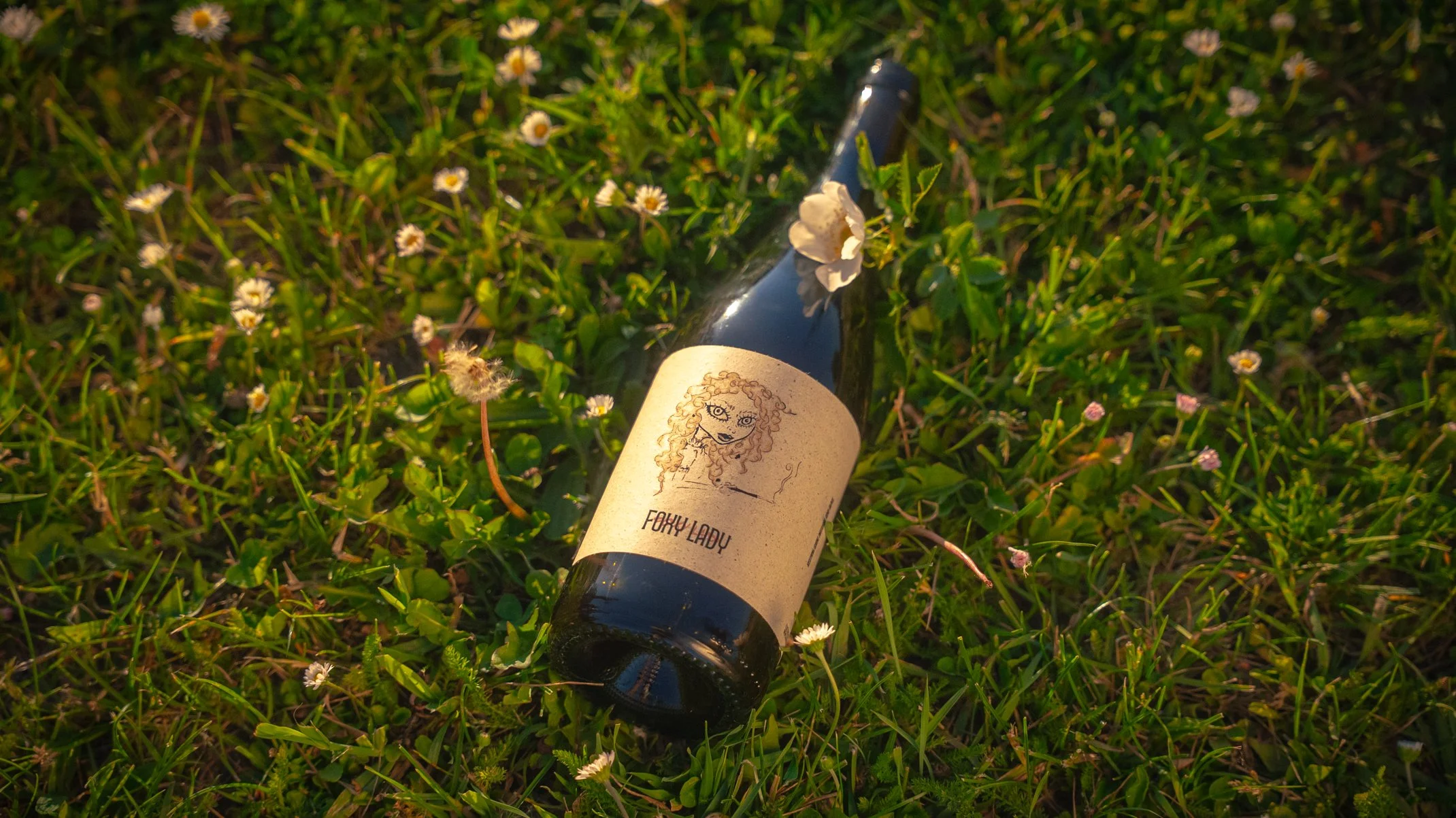 Natural Wine Flasche Rotling aus Regent und Kerner liegt im Gras, mit einem Etikett, das ein lustiges Gesicht und den Namen 'Foxy Lady' zeigt. Klicke hier, um diesen Rotling aus Franken im Shop zu kaufen.