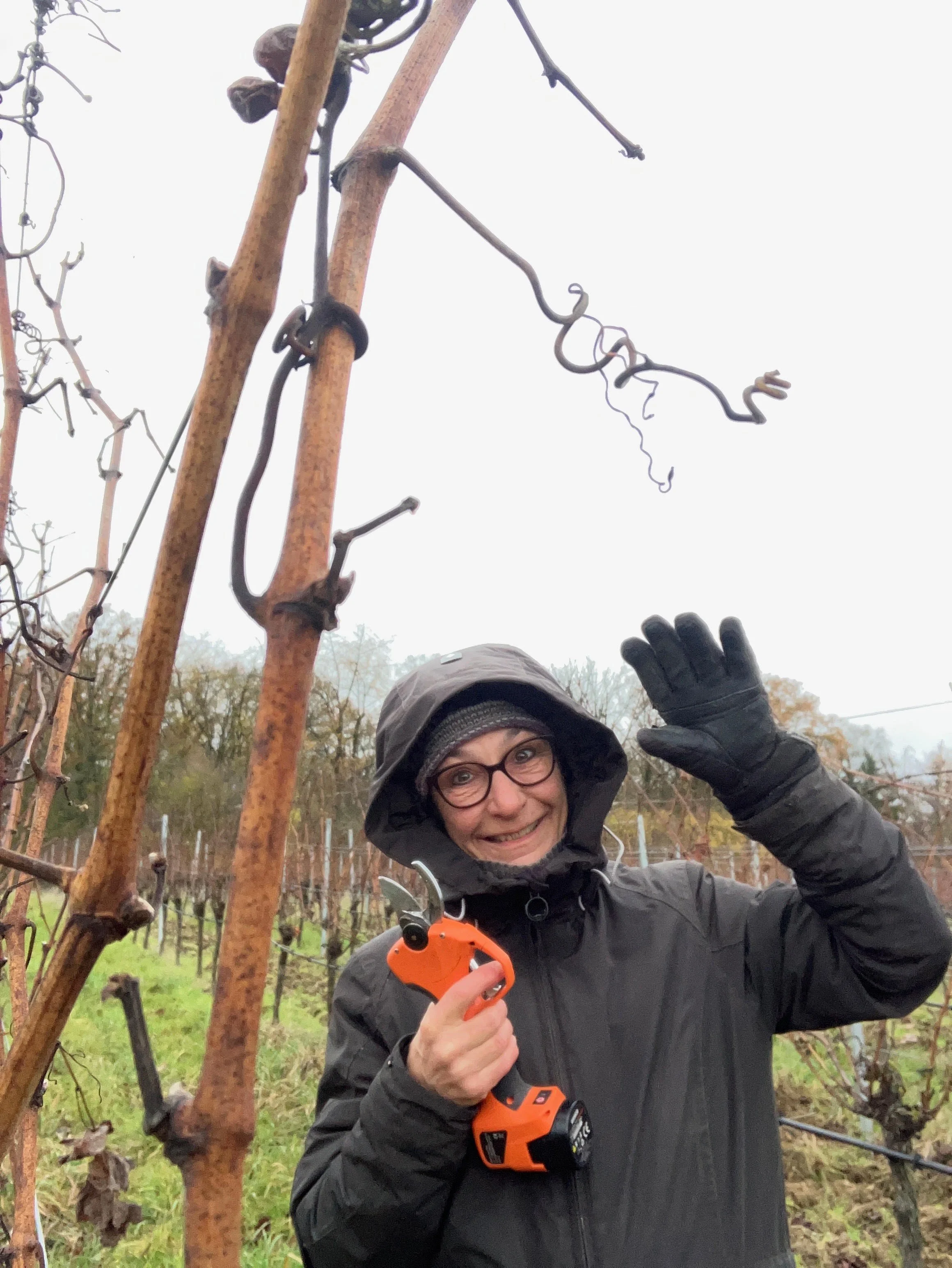 Edda Amling von der Winzerfamilie Amling aus Franken steht im Weinberg und winkt lachend in die Kamera während der Handarbeit.