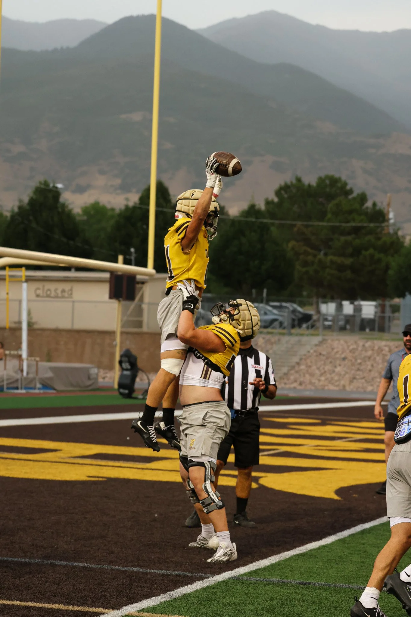 Victory celebration after scoring a touchdown.