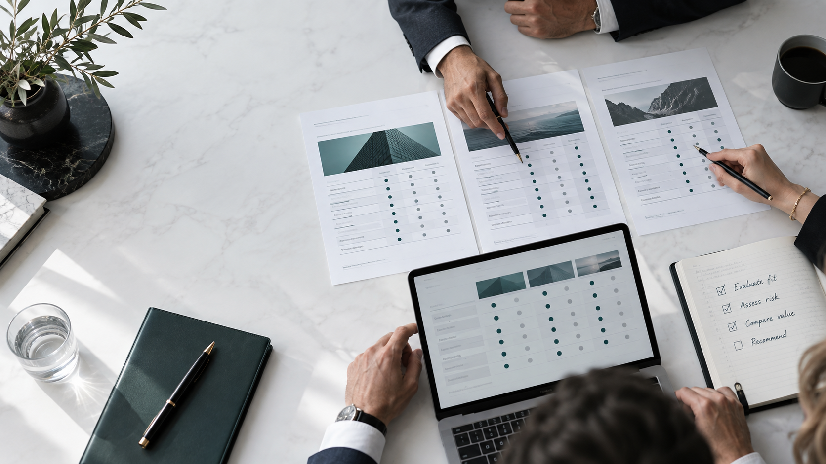 Business leaders comparing technology provider proposals side by side at a conference table