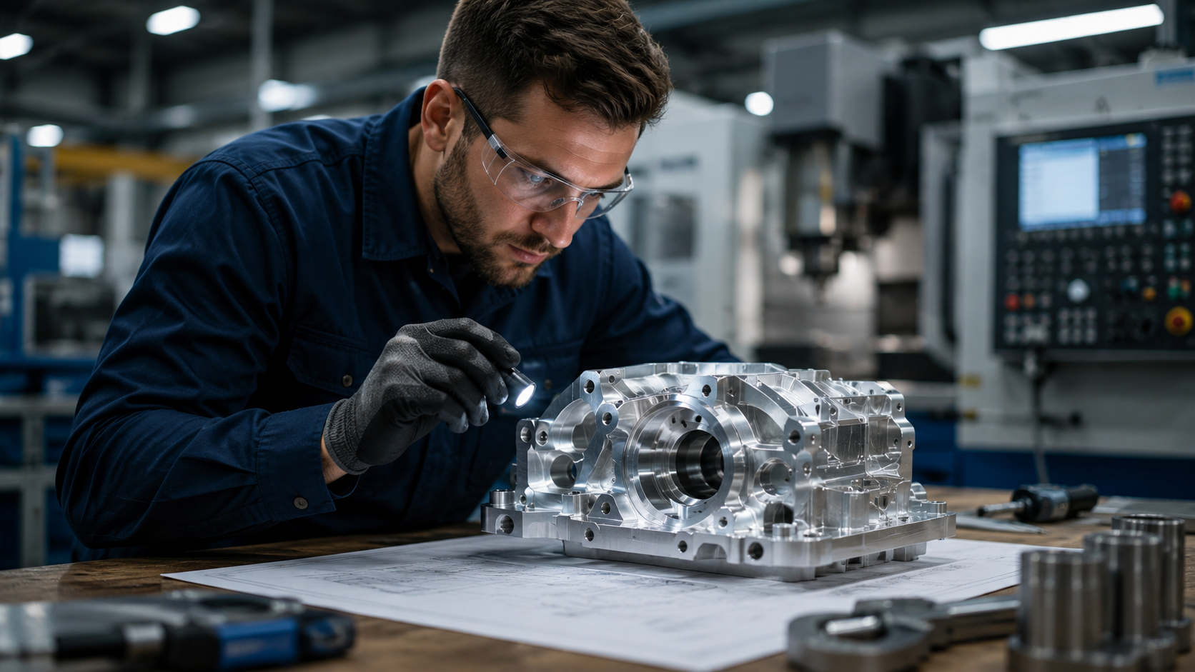 Engineer inspecting a precision-machined component on a manufacturing floor.