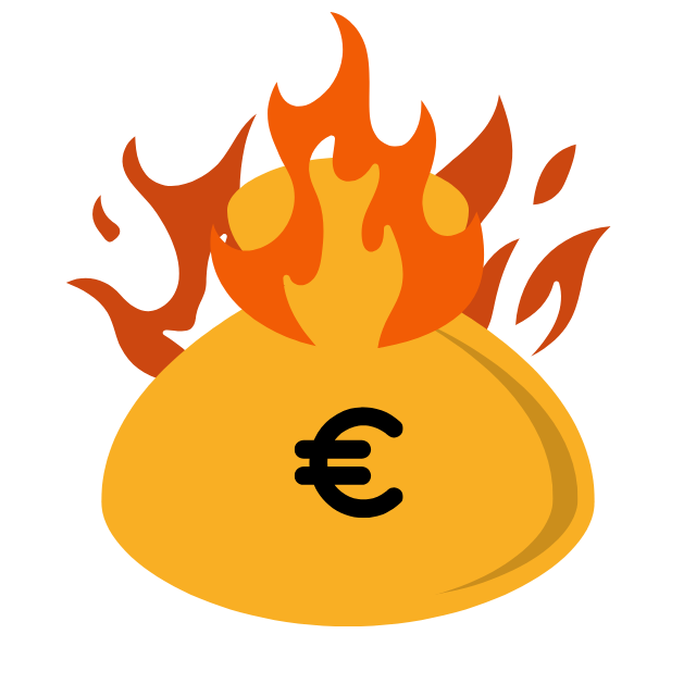 Lauhennut rahasäkki, jossa euromerkki ja liekkejä.