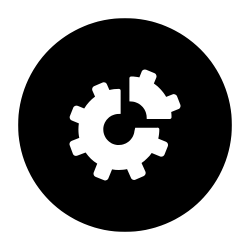 Valkoinen piirretty kuva pyörivästä rataskuvakkeesta mustalla taustalla