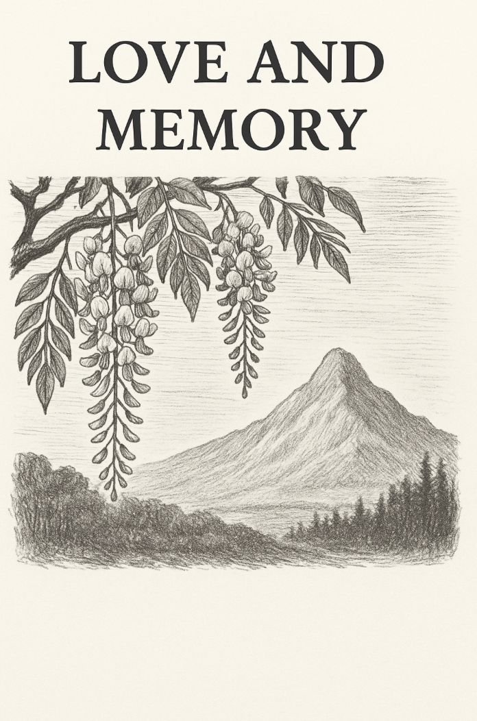 Book cover with the title 'Love and Memory' featuring a pencil sketch of a mountain landscape with trees and hanging flowering branches.