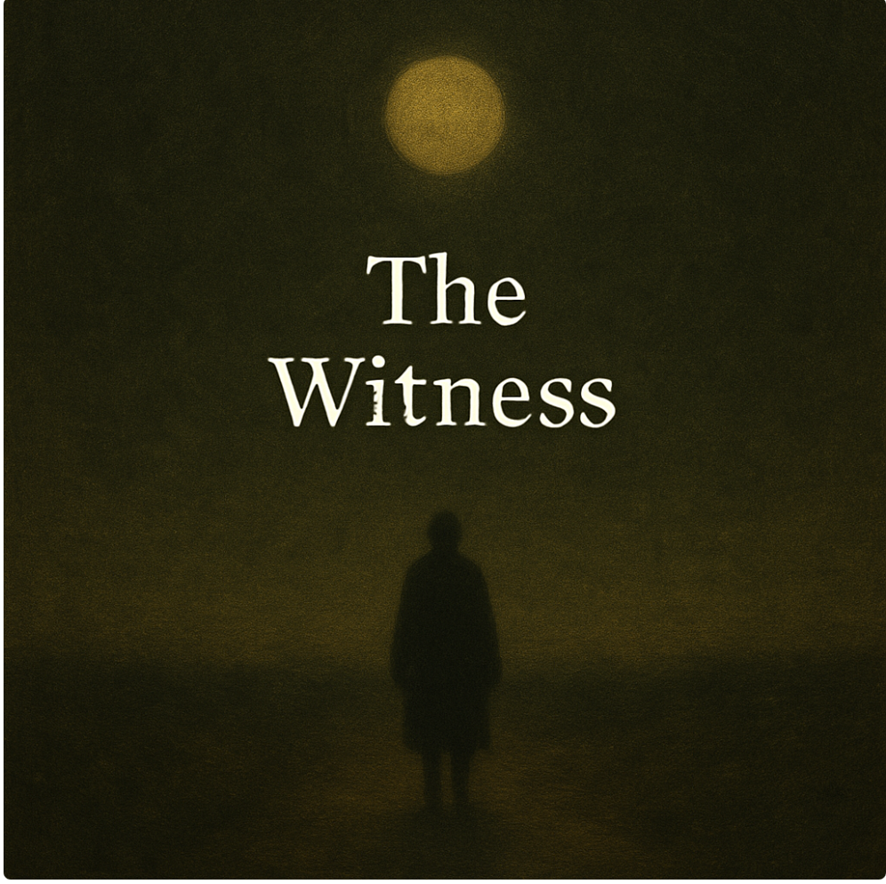 Cover of a book titled "The Witness" with a silhouette of a person standing on a foggy beach under a full moon.