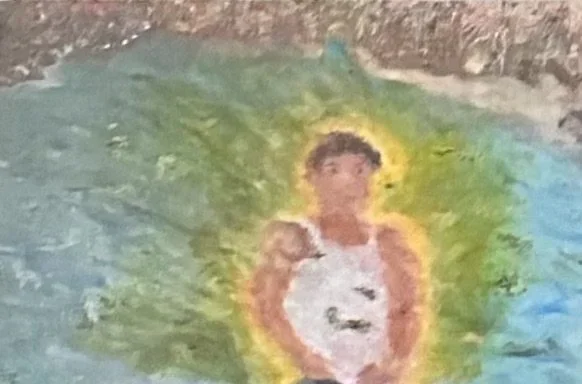 Child's drawing of a person with a yellow halo, wearing a white shirt, with a blue background.