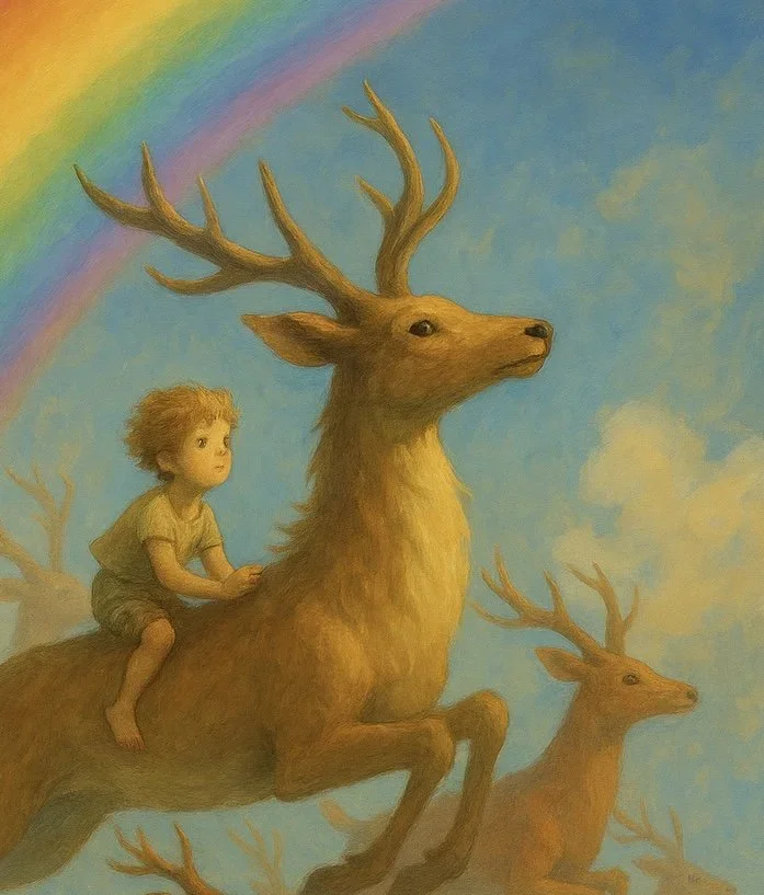 A young girl with curly hair riding on the back of a large stag with impressive antlers, while another smaller stag sits nearby. The background features a bright rainbow and a soft sky with clouds.