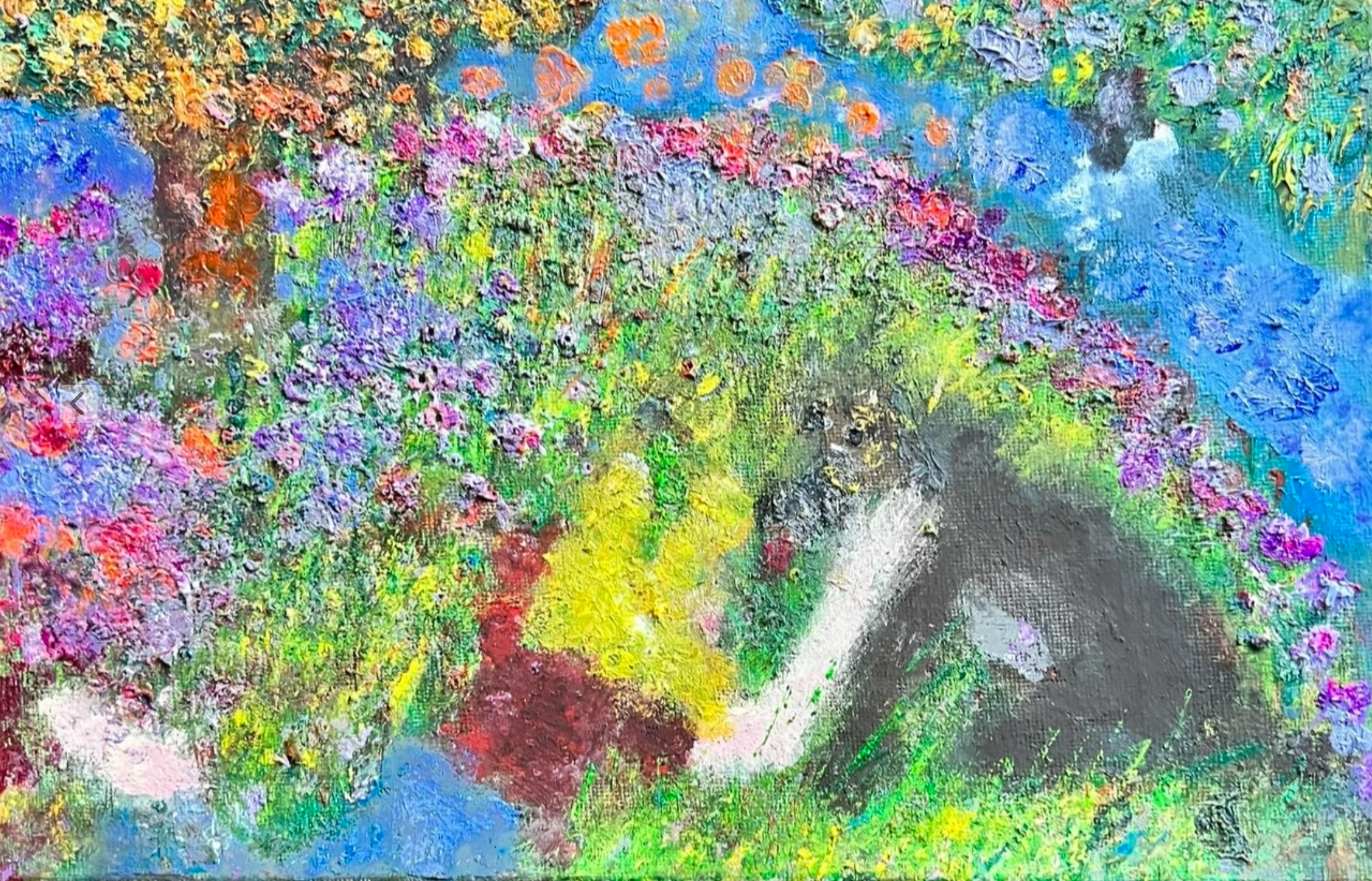 A colorful abstract painting featuring a variety of vibrant colors and textured brushstrokes, with what appears to be a figure or face peeking through amidst the chaos of colors.