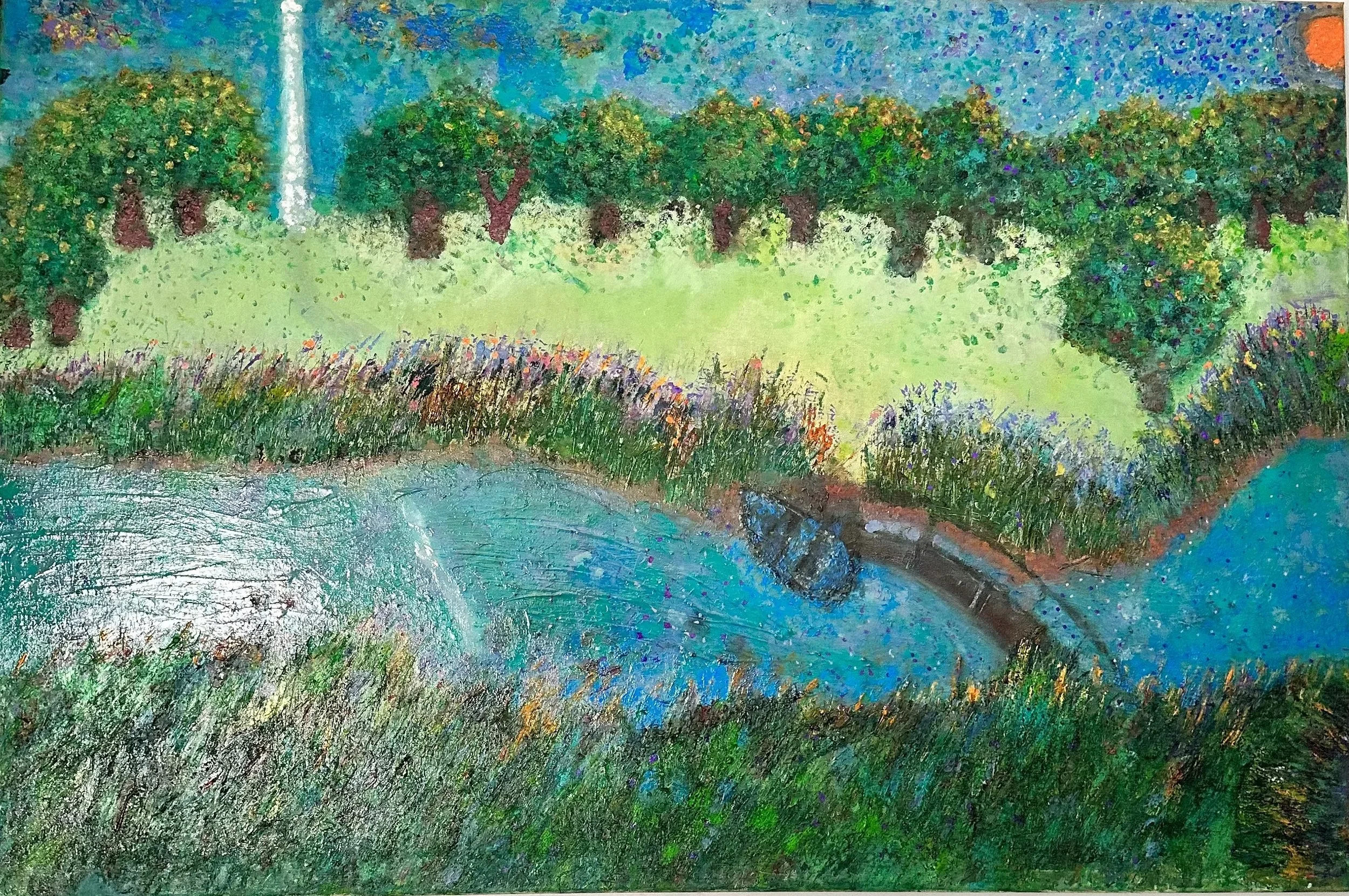 Painting of a lush green park with trees and bushes, a small pond with a bridge, and blue sky with a small orange sun.