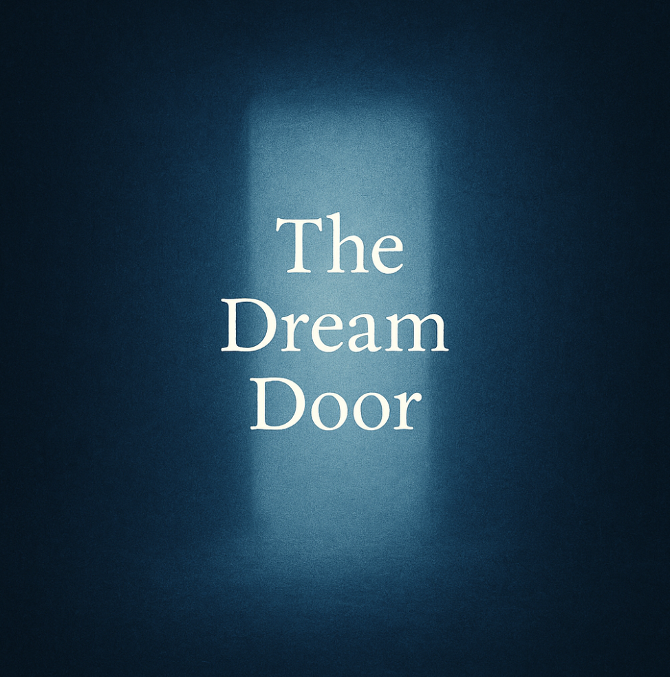 A blue background with light shining through a slightly open door, revealing the words 'The Dream Door' in white text.