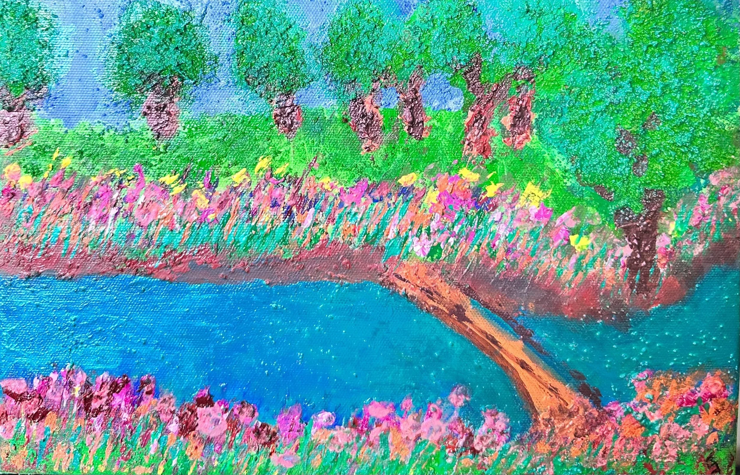 Bright, colorful painting of a landscape with a blue pond, pink flowers, green grass, and trees.