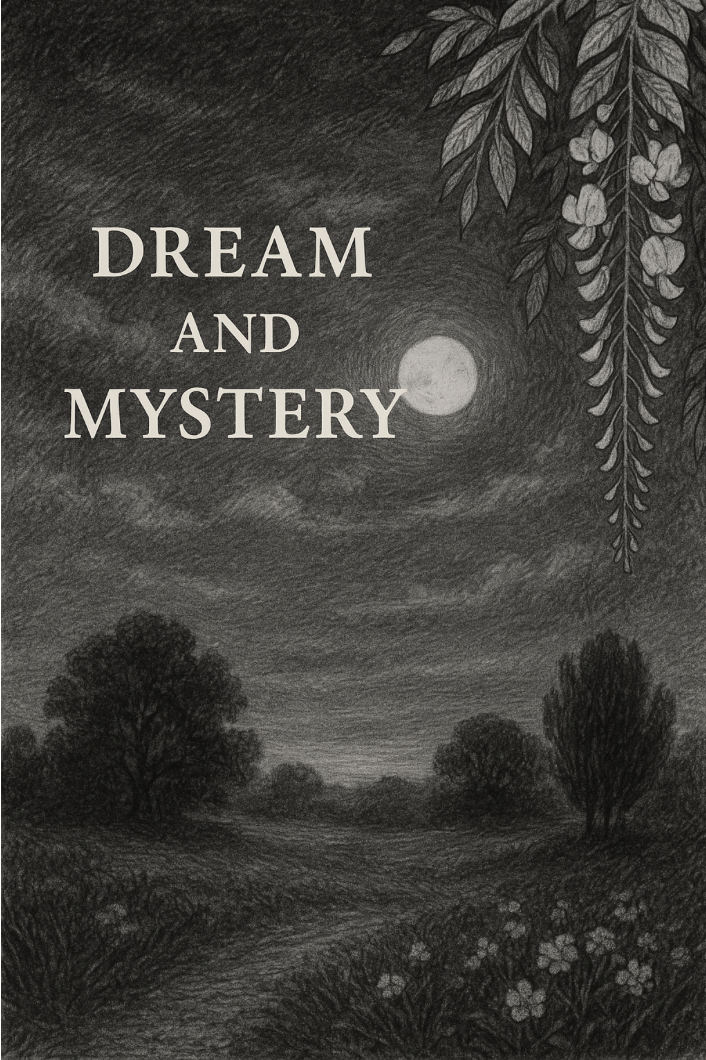 A dark, moonlit landscape with trees, bushes, and flowers under a partly cloudy sky. Text reads 'Dream and Mystery' in white letters.