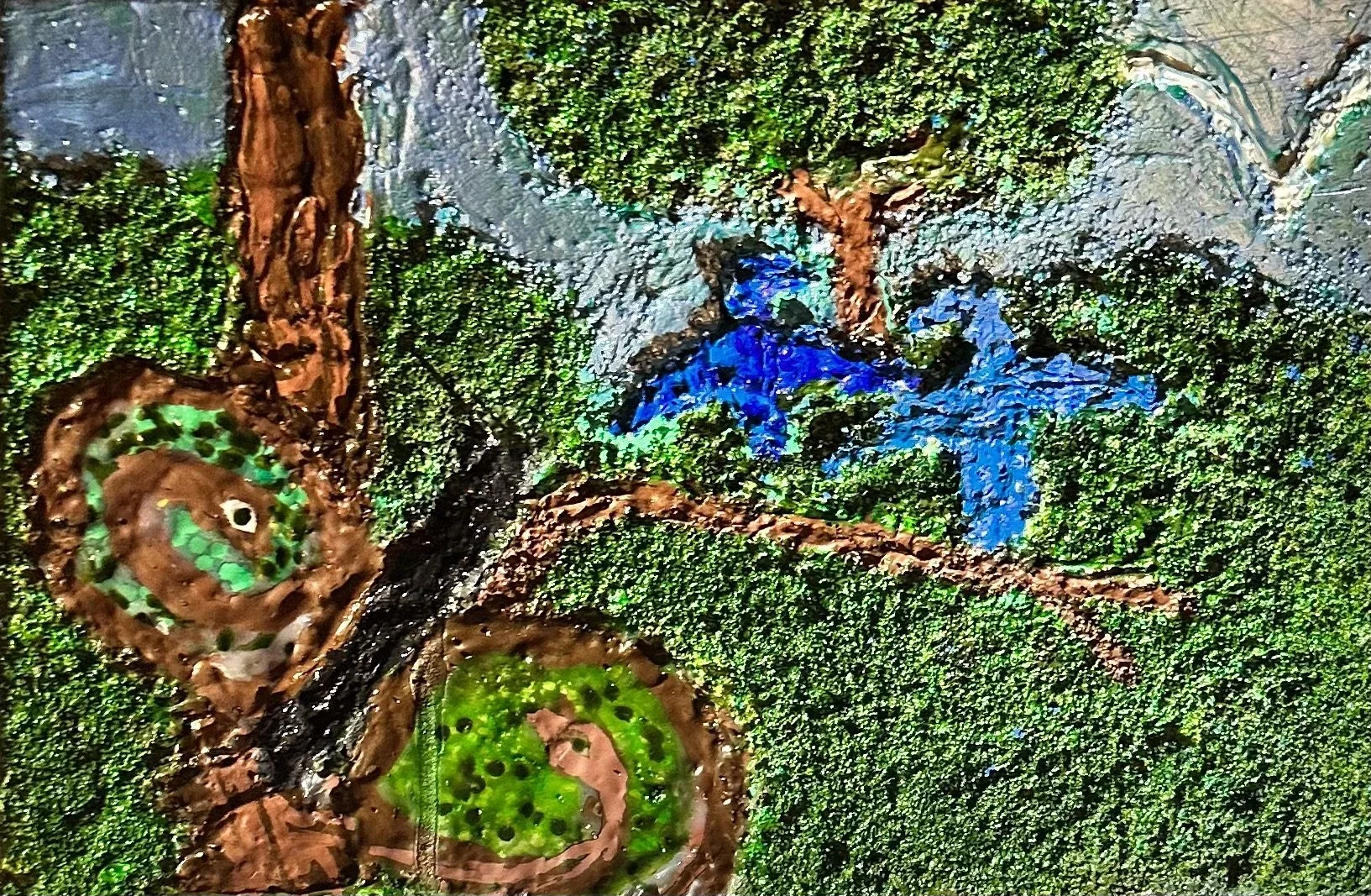Colorful landscape painting depicting trees, water, and greenery.