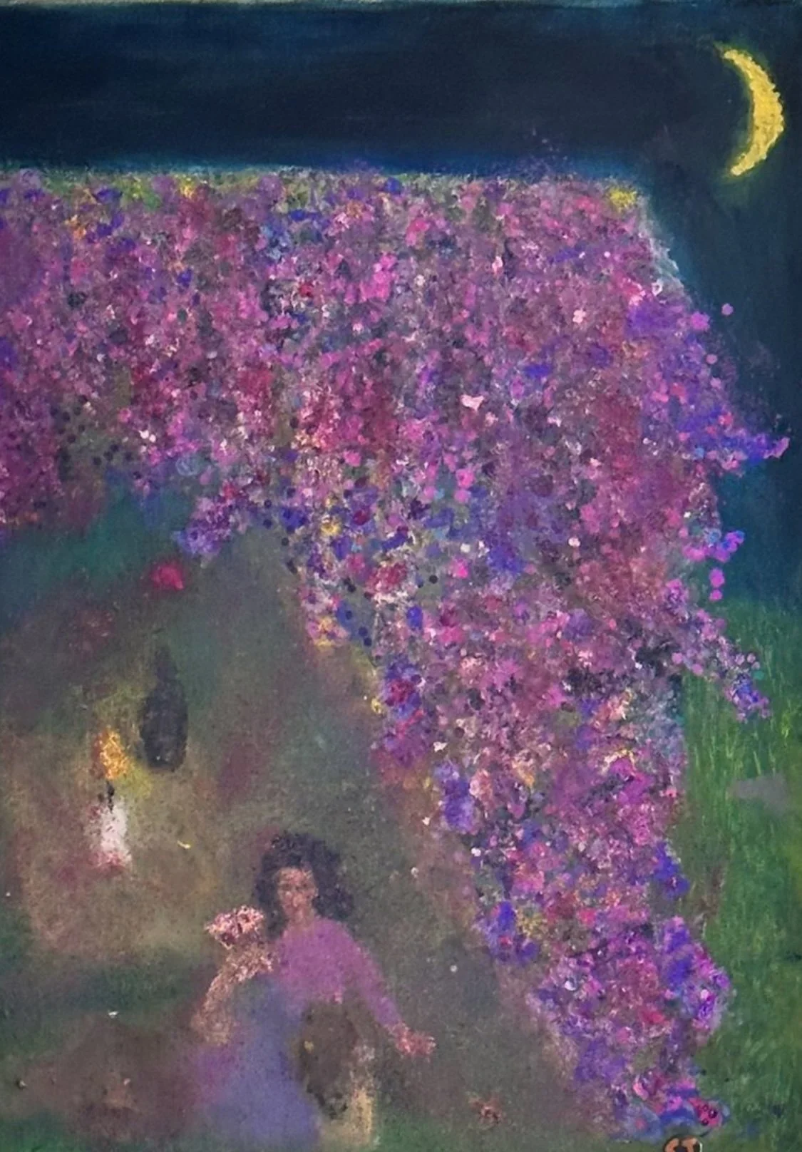 A woman with dark curly hair stands under a large, vibrant pink and purple flowering tree at night, with a crescent moon in the dark sky.