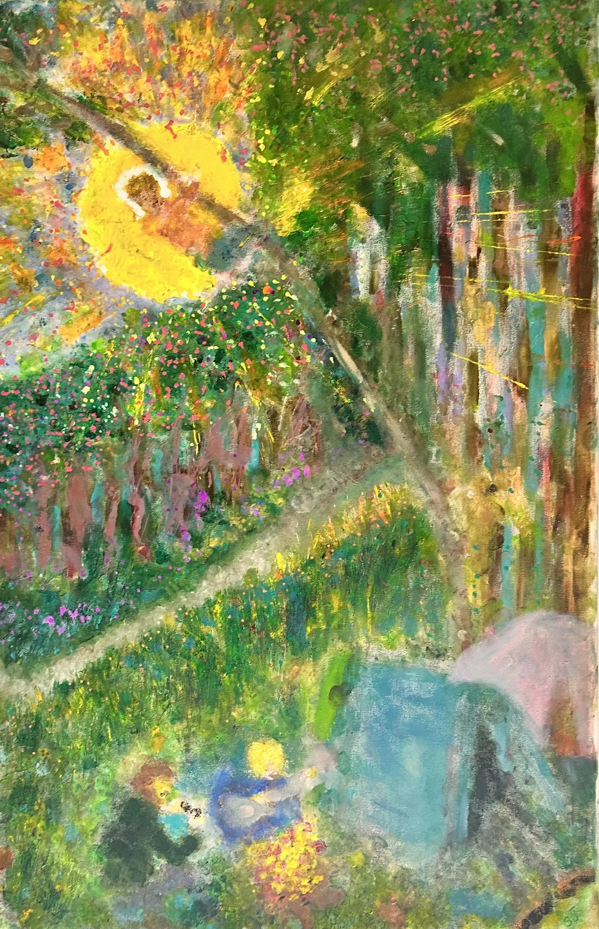A colorful painting of a lush garden scene with a waterfall, flowers, trees, and two small children sitting on the ground near the water, surrounded by vibrant greenery and bright sunlight.