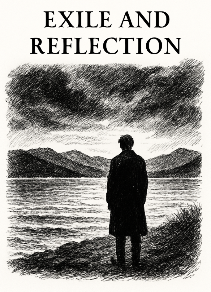 Black and white sketch of a person standing on a lakeshore, looking at mountains across the water, with dark clouds overhead. The words "Exile and Reflection" are at the top.