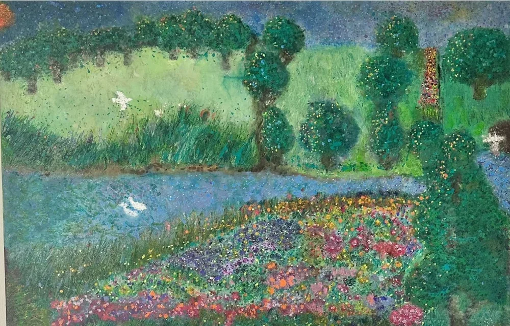 Painting of a colorful garden landscape with a pond, trees, and blooming flowers.