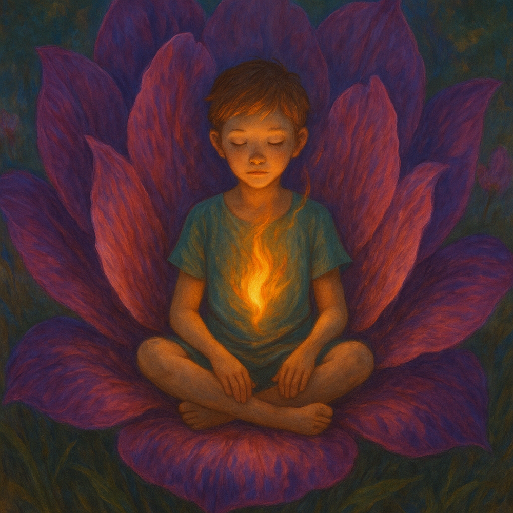 A young boy sitting cross-legged inside a large purple flower, holding a glowing flame or light in his hands with a serene expression.