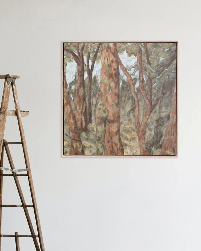 How many figures can you see dancing 'Amongst the Trees'?
 
Amongst the tall trees, they find space to expand their lungs, breathe in more vibrant scents, savour the sun's warmth, and allow their minds to come to a tranquil rest. Inspired by moss cov