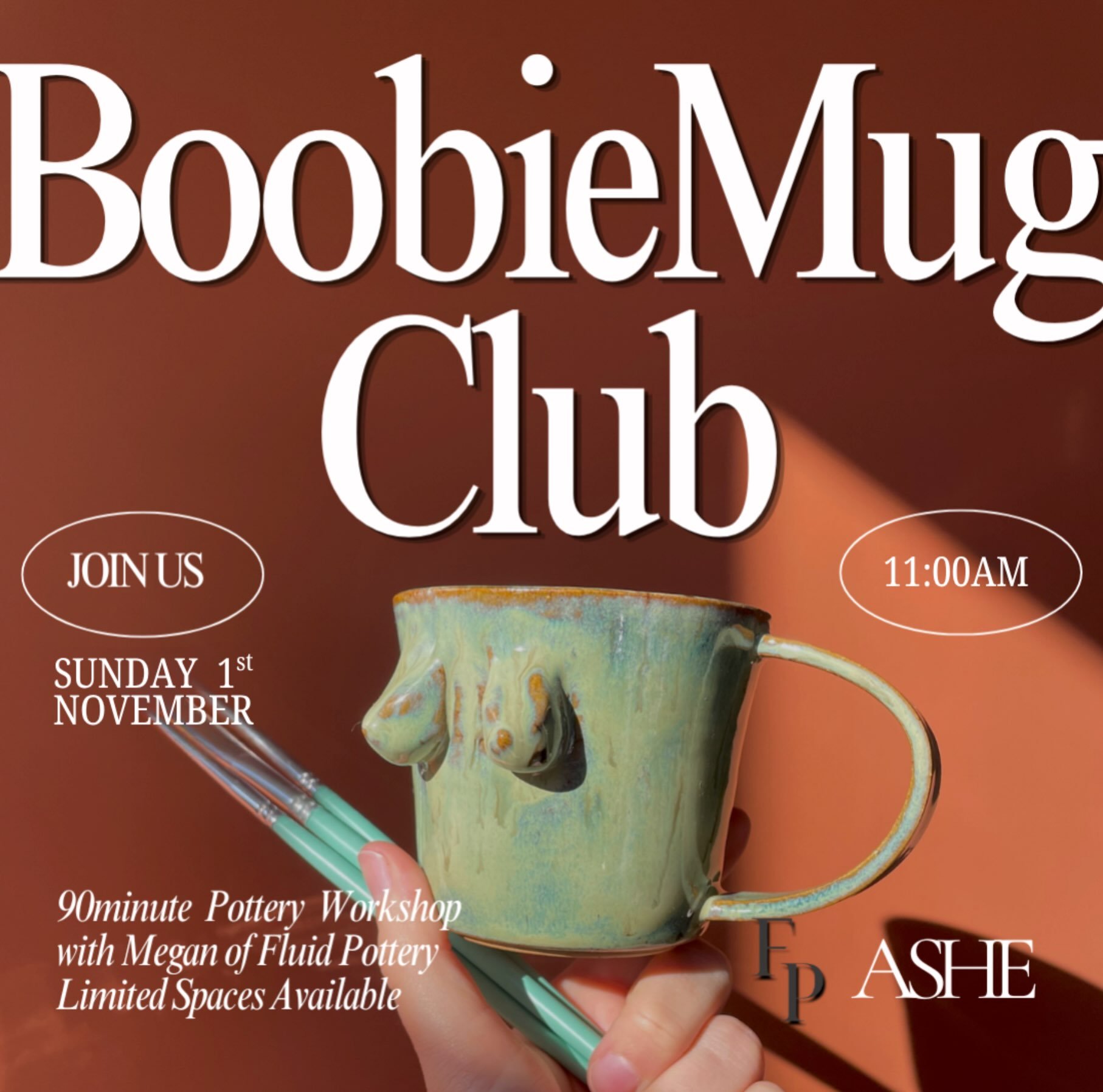 November is shaping up to be a big month at Ashe!
 
We&rsquo;re kicking things off with our Boobie Mug Club pottery workshop with Fluid Pottery on Sunday 1 November. There are still 8 tickets available, so gather your people and come along for a crea