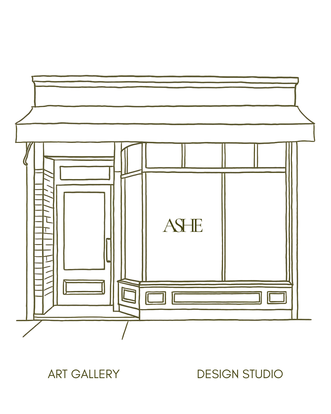 Line drawing of a storefront with a large window and a door, with the name 'ASHE' on the window, and 'Art Gallery' and 'Design Studio' written below.