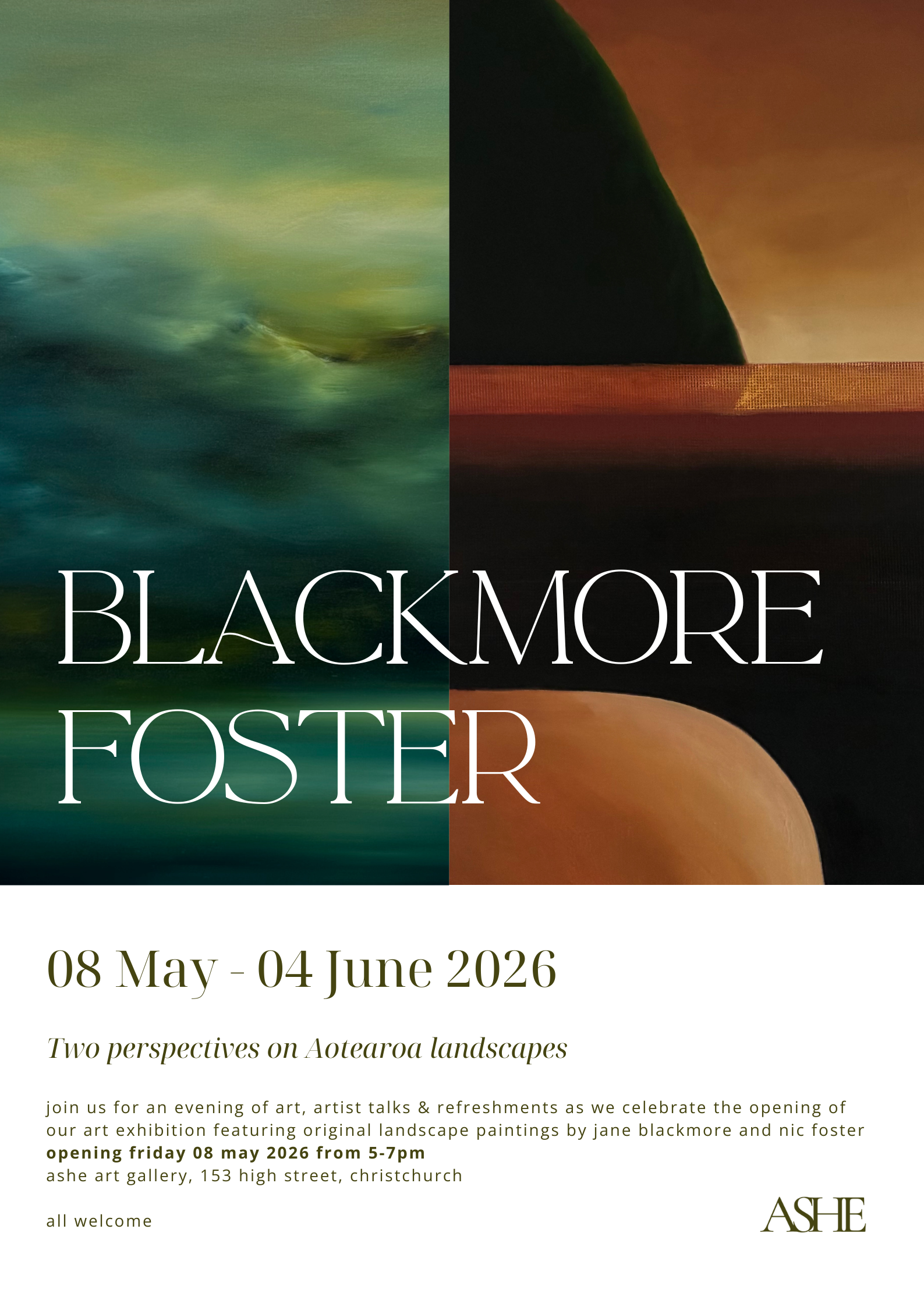 Event poster for 'Blackmore Foster' art exhibition featuring original landscape paintings, with the dates 08 May - 04 June 2026, at Ashe Art Gallery, Christchurch, including a colorful abstract background of green, orange, and dark hues.