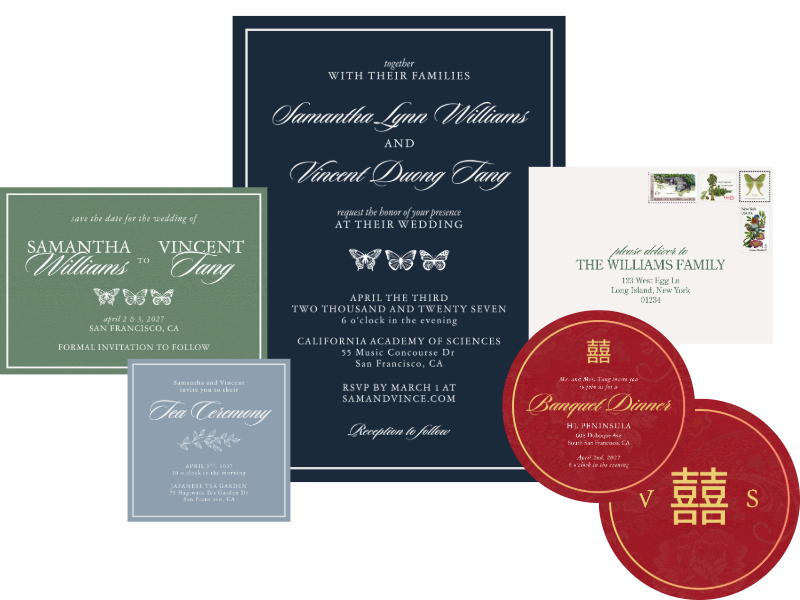 Modern navy and white serif wedding invitation suite with butterfly motifs. Traditional Chinese wedding banquet invitation in crimson and gold with Double Happiness symbol. Dusty blue wedding Tea Ceremony invitation with botanical line art illustrati
