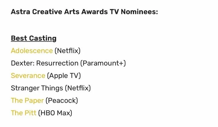 Congratulations to the cast and crew on the 2025 Hollywood Creative Alliance&rsquo;s (HCA) Astra Creative Arts Awards Nominations!!!! 

The winners will be announced December 11th!!! Let&rsquo;s go Pitt Fam!!! 

#thepitt #warnerbrothersstudio #hollyw