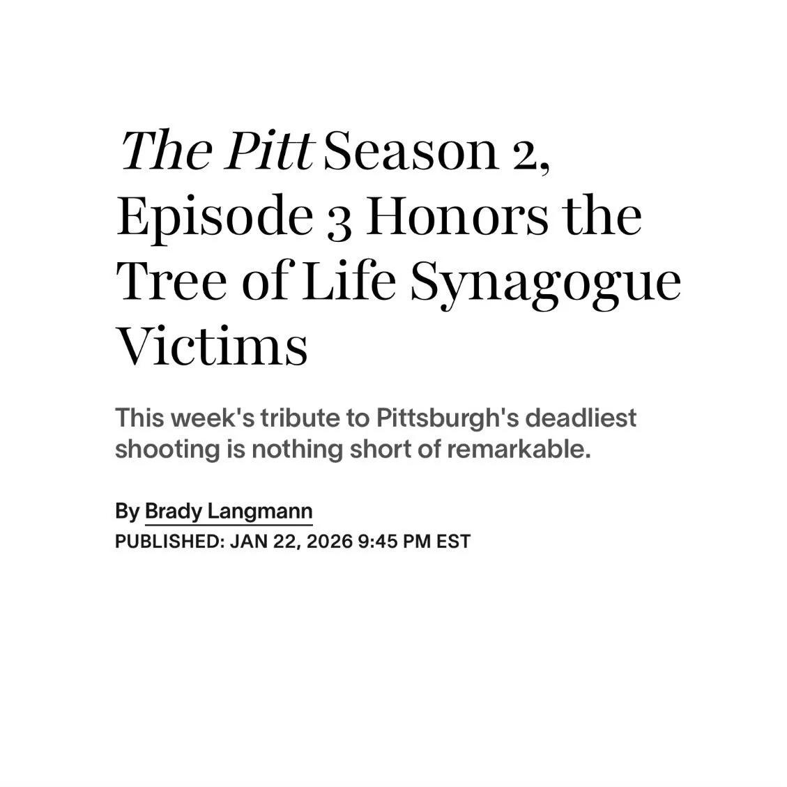 On this week&rsquo;s episode, the show had shined light on a horrific tragedy that occurred at the Tree Of Life Synagogue in Pittsburgh. The Pitt, especially Noah who had wrote this episode have ways of putting a light on the most difficult stories a