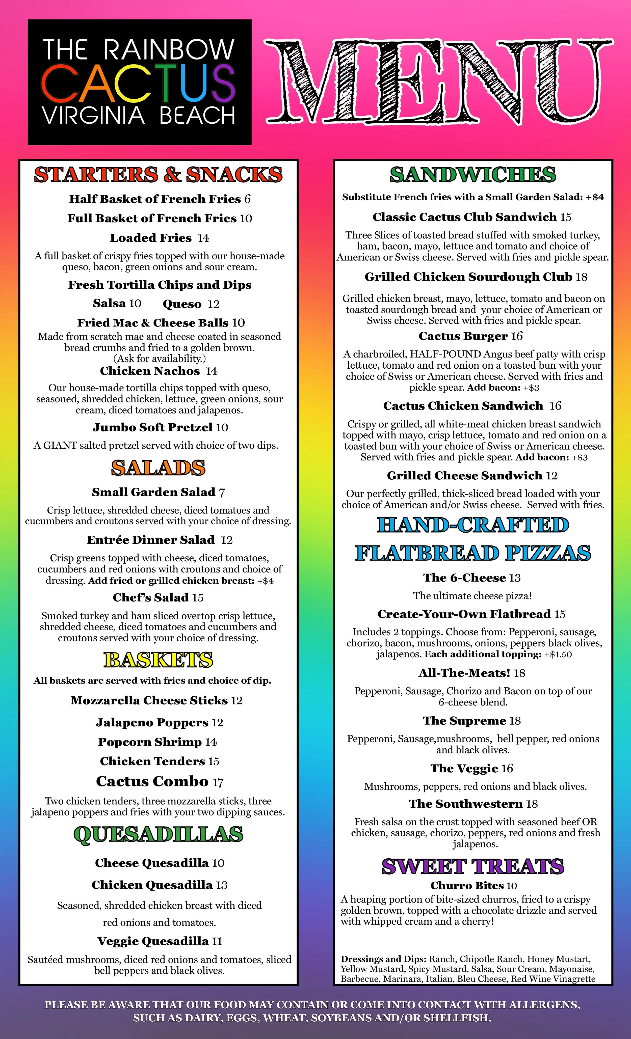 Colorful restaurant menu with sections for starters, salads, baskets, quesadillas, sandwiches, flatbread pizzas, and sweet treats at The Rainbow Cactus in Virginia Beach. The menu features items like French fries, tortilla chips, salads, chicken tenders, quesadillas, various sandwiches, and specialty flatbread pizzas.