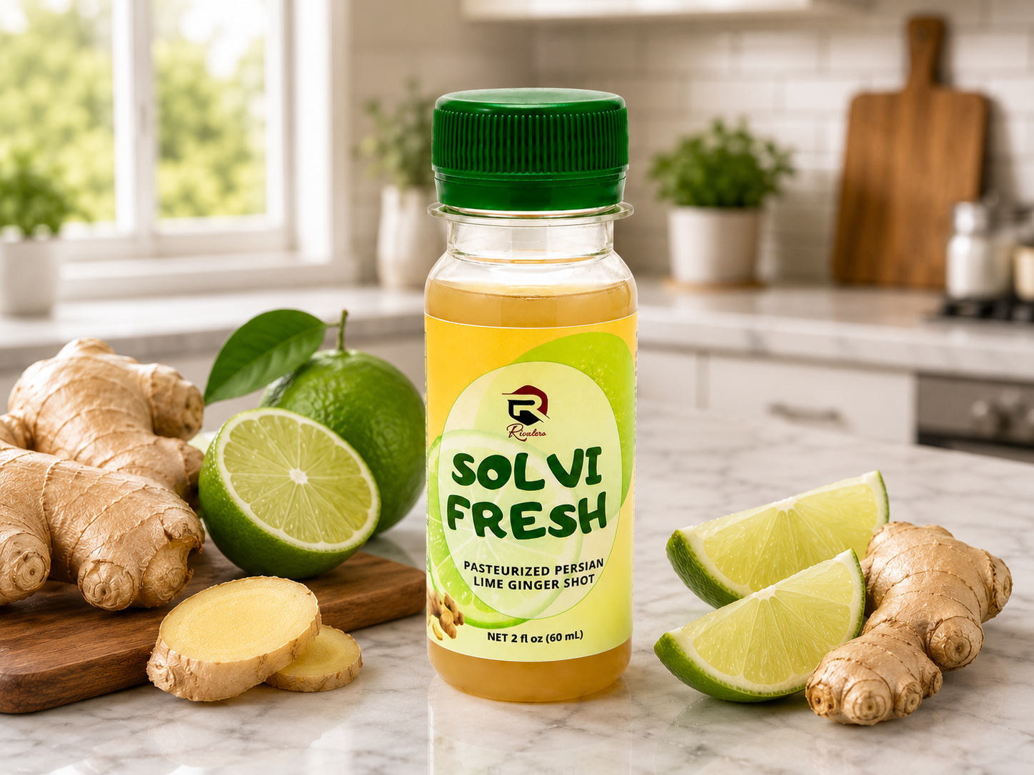 Bottle of Solvi Fresh pasteurized Persian lime ginger shot on marble kitchen countertop with whole and sliced lime, ginger root, and ginger slices around it.