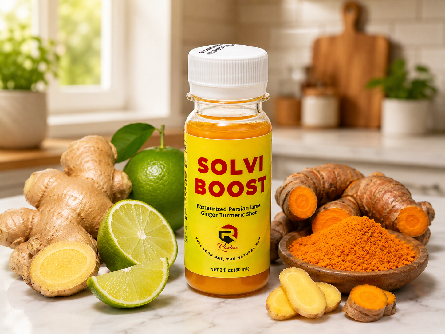 A bottle of Solvi Boost pasteurized Persian lime, ginger, and turmeric shot surrounded by fresh ginger, lime, and turmeric roots, with turmeric powder in a wooden bowl, on a kitchen countertop.