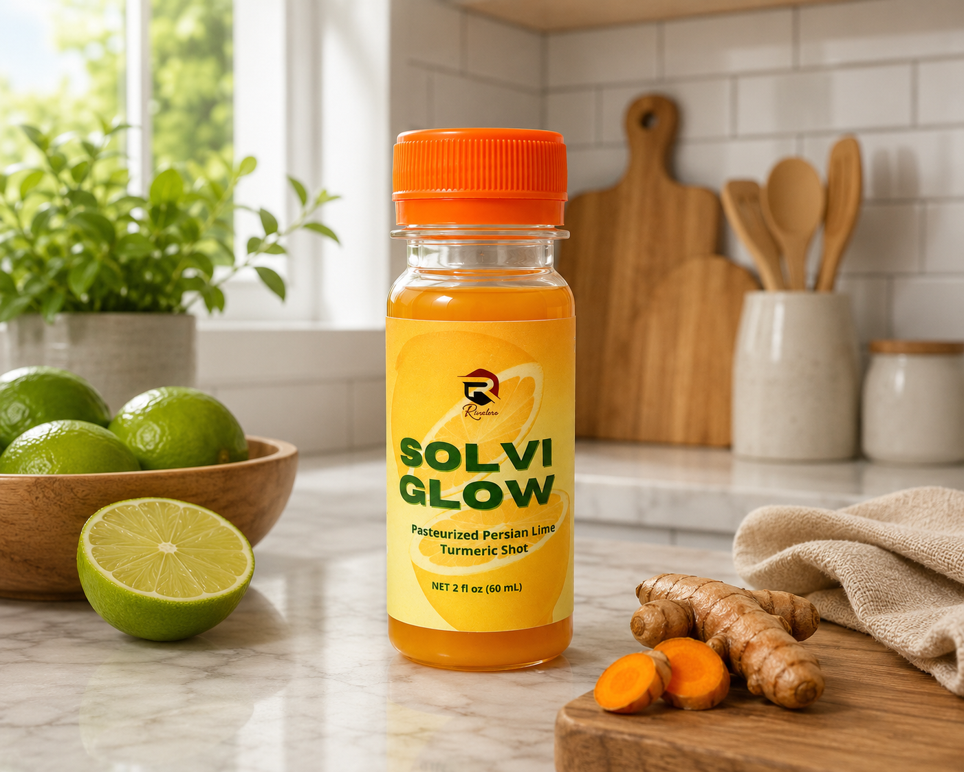 Bottle of SolviGlow pasteurized Persian lime turmeric shot on kitchen countertop with a halved lime, whole limes in a wooden bowl, fresh turmeric root, ginger root, and kitchen utensils in the background.
