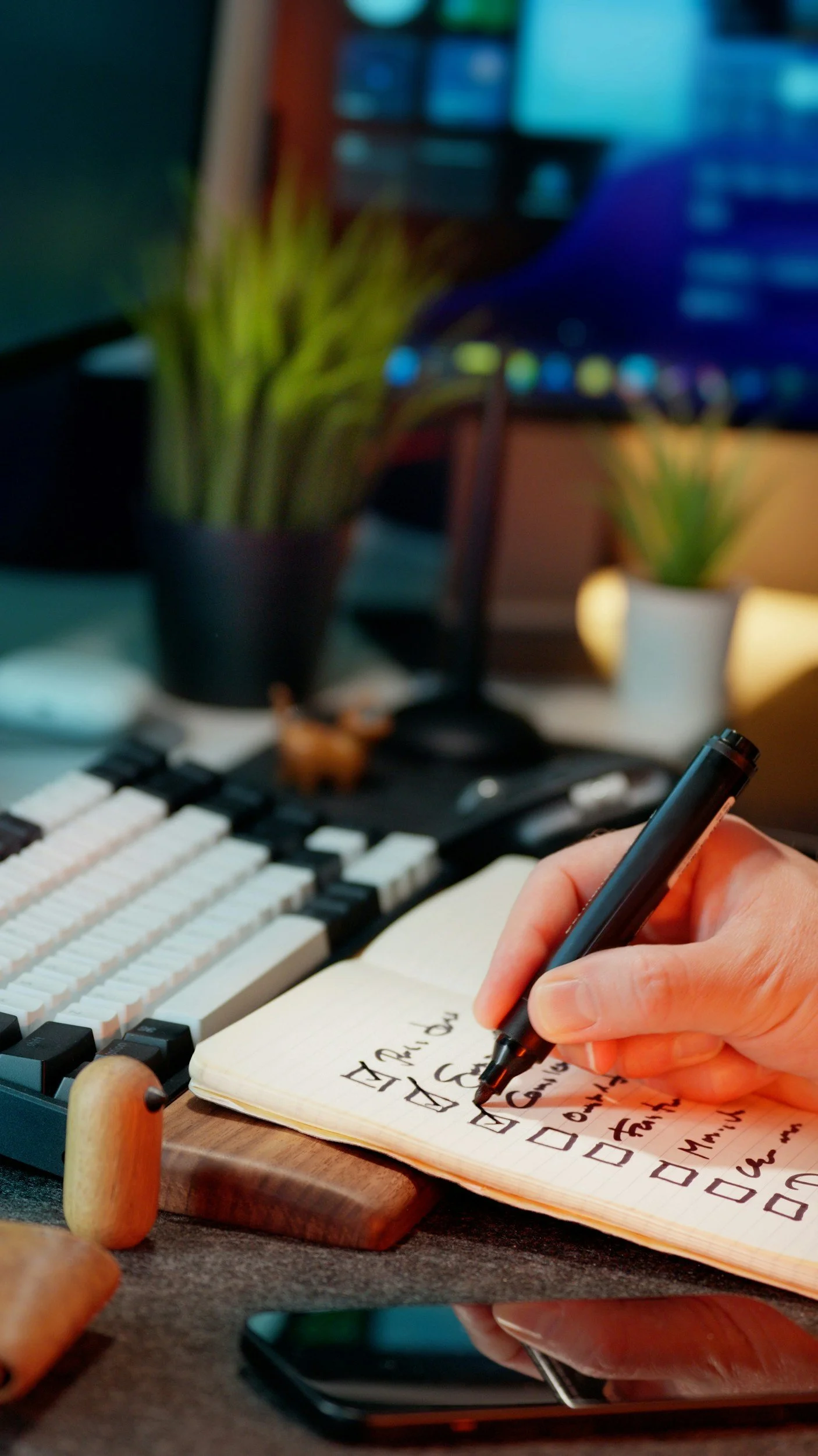 A person writes a task list in a notebook with a black marker, surrounded by a keyboard, plants, and a computer screen.