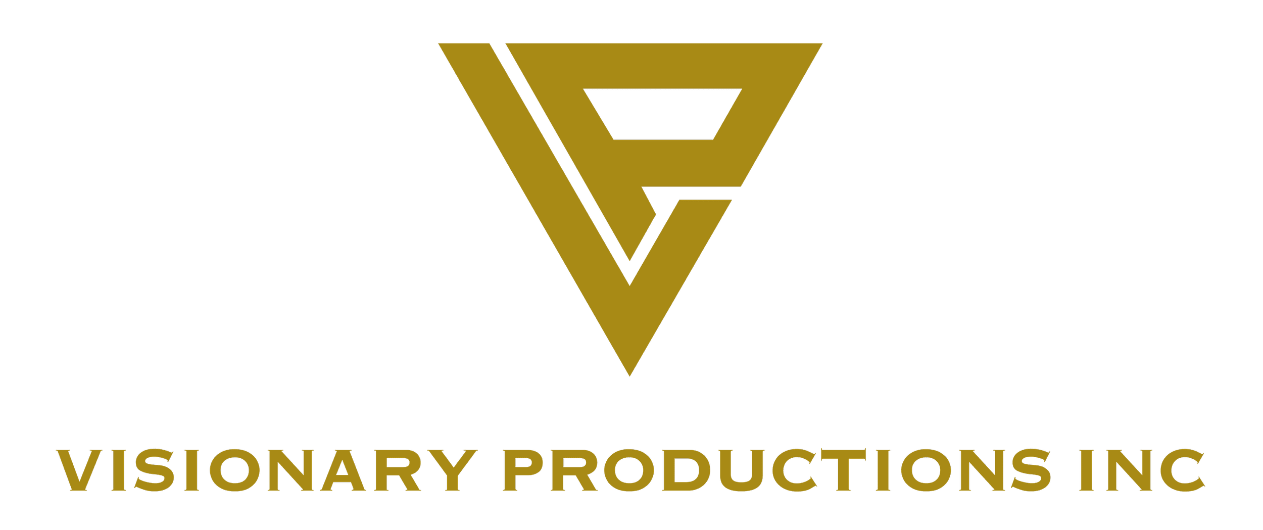 Golden triangle with an abstract eye design inside above the text "VISIONARY PRODUCTIONS INC" in gold