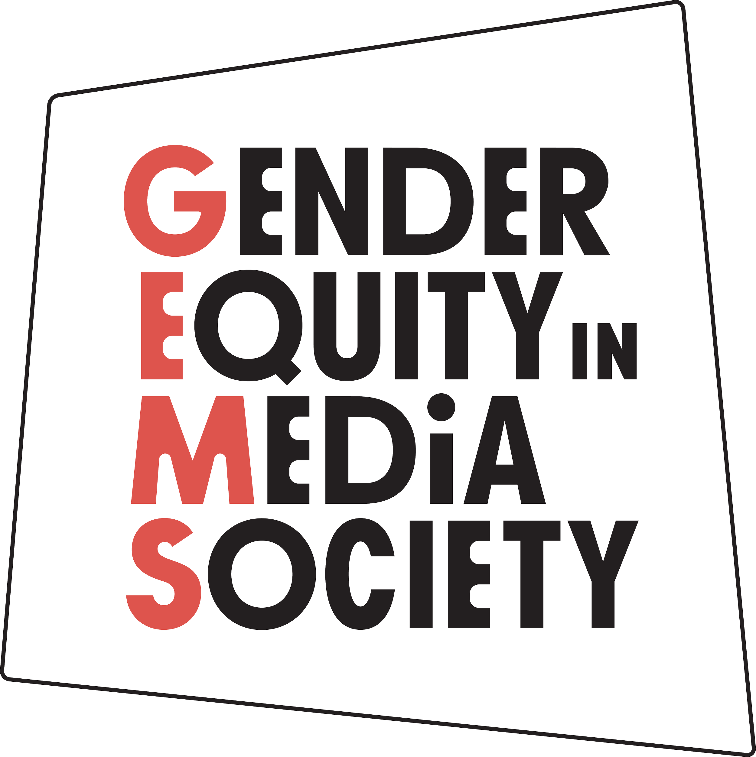 Text-based graphic that reads 'Gender Equality in Media' with the letters G, E, M, S highlighted in red.