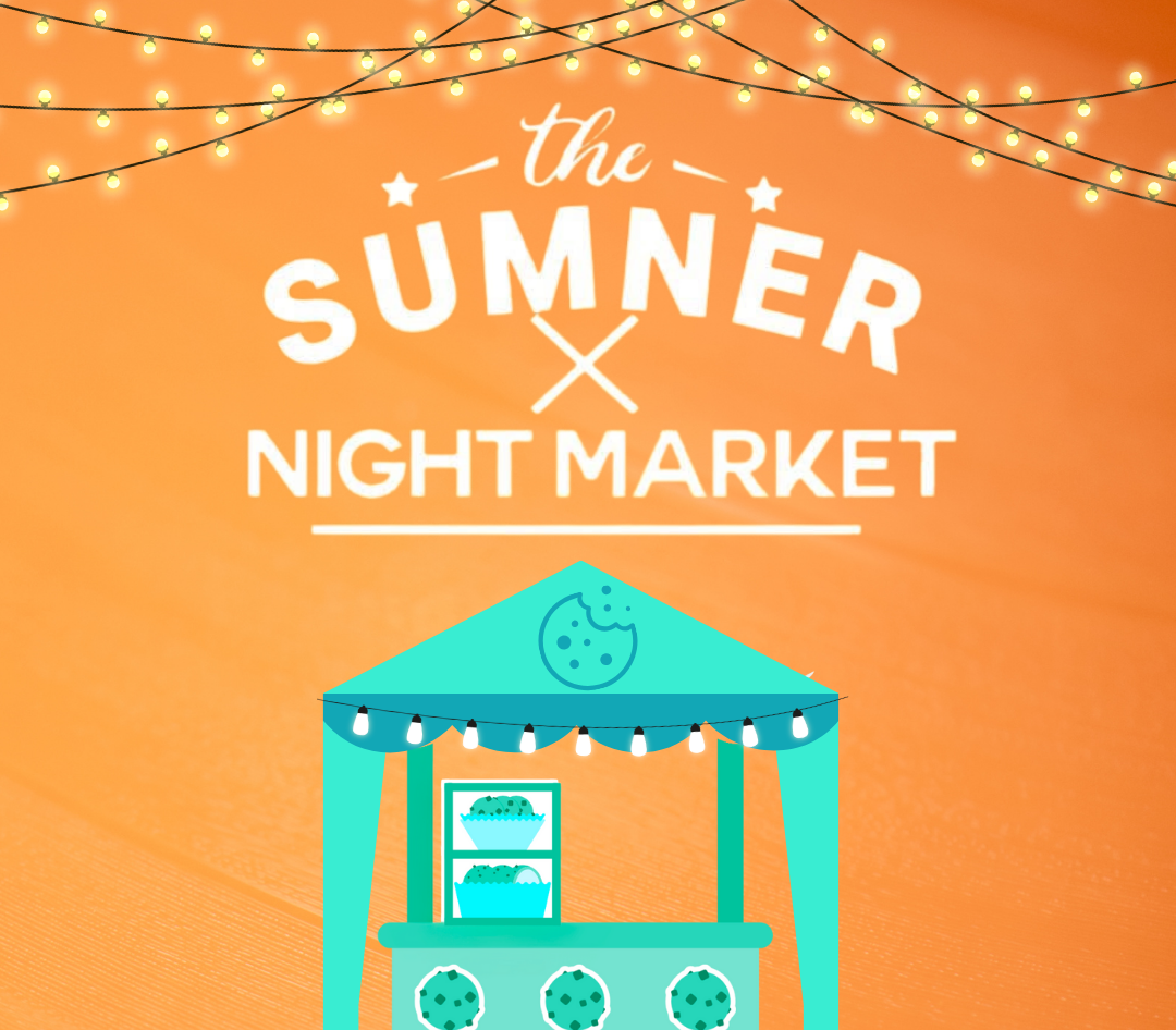 A teal-colored outdoor market stall with desserts, candles, and a sign that says 'Eat cookies. Give hope.' during dusk, with a residential street background, decorated with string lights and a crystal chandelier.