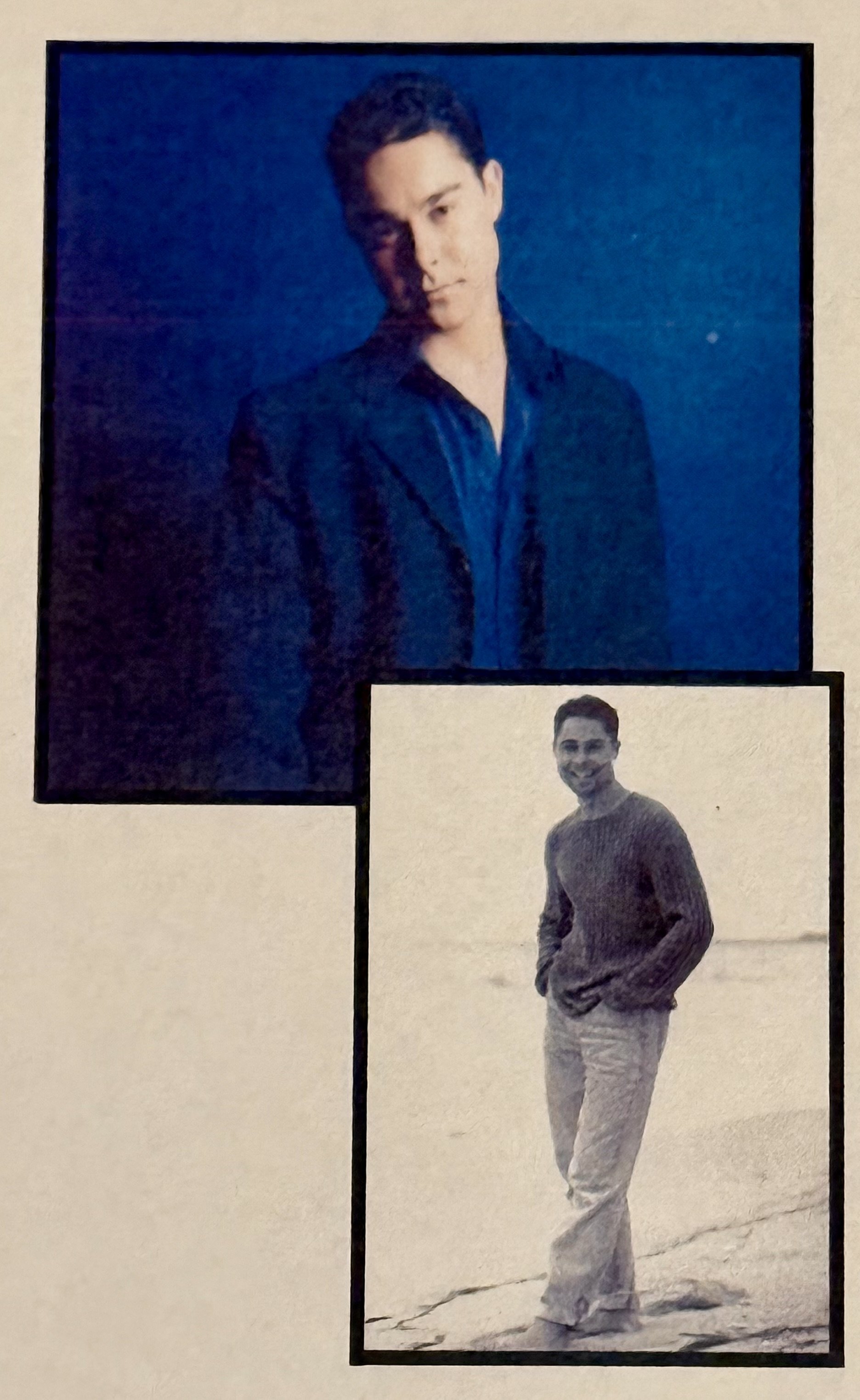 Photograph of two young men, one in a dark suit and the other in casual attire, with the man in the suit in a blue-toned background and the other in a light-colored background. Jorge Heredia photo shoot Miami