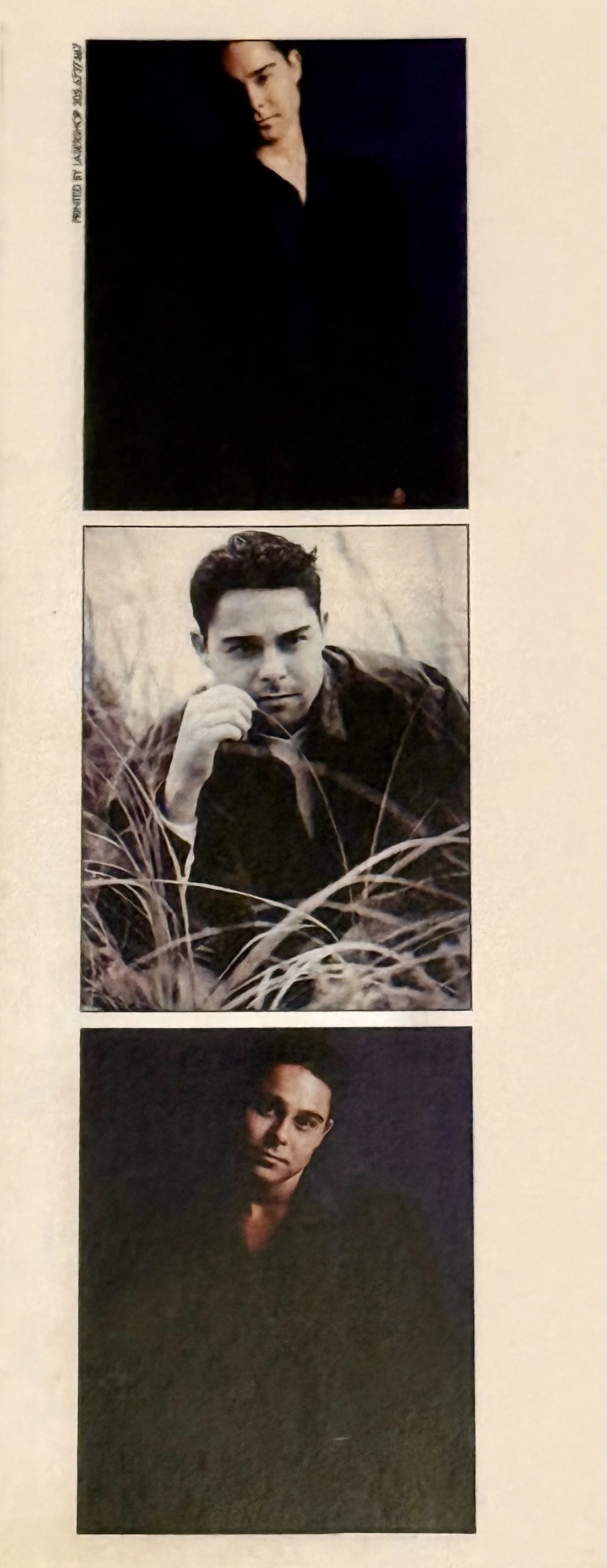 Three portrait photographs of men arranged vertically. The top photo is a woman with dark hair and a serious expression, wearing dark clothing against a dark background. The middle photo is a young man with dark, curly hair, outdoors among tall grasses, resting his chin on his hand, with a thoughtful expression. The bottom photo is a man with dark hair and a serious expression, wearing dark clothing against a dark background.