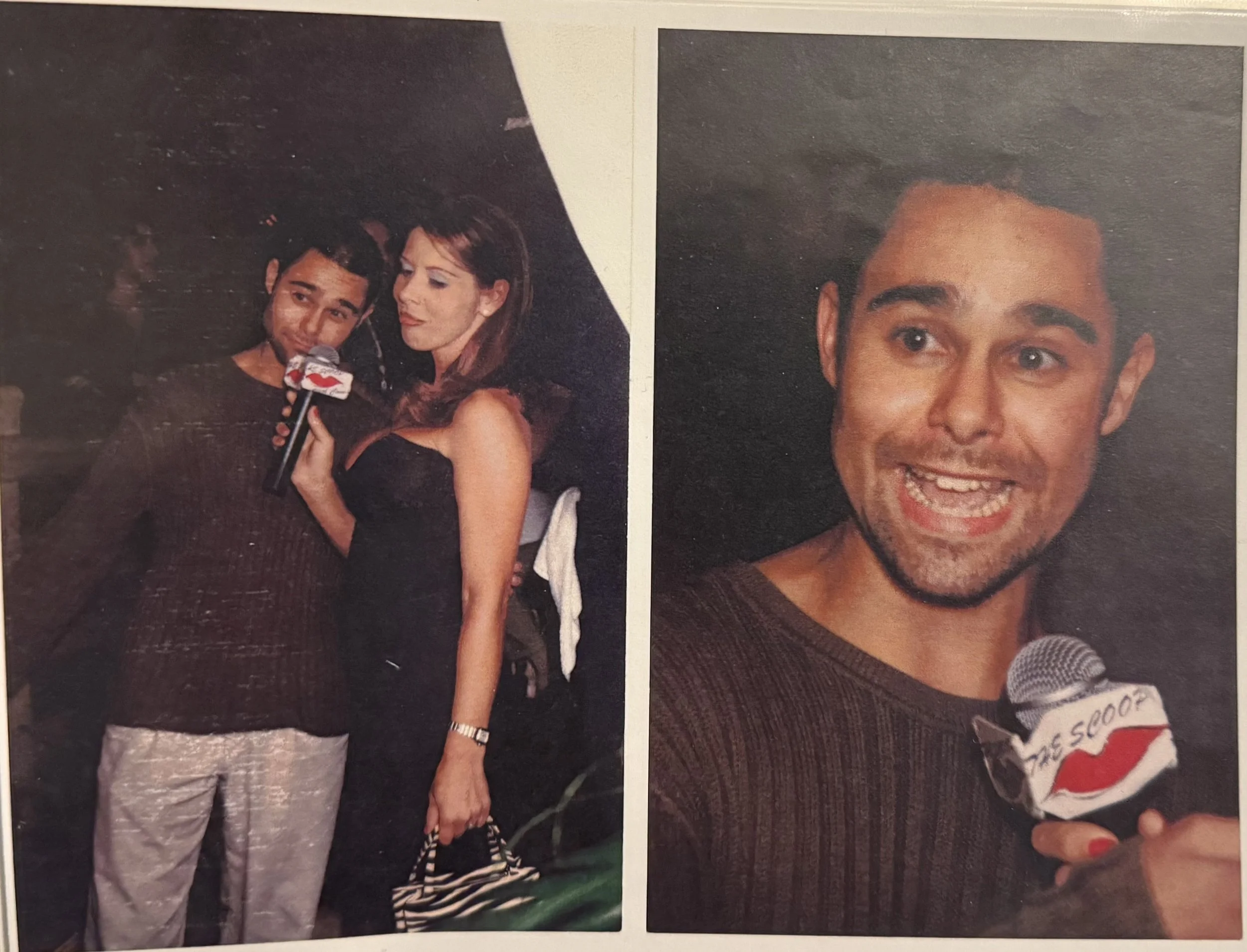 Photograph of a man and woman at an event. The woman is holding a microphone and looking at the man. The man is smiling and holding a microphone with lips and a microphone cable decoration. Interview in Miami Jorge Heredia