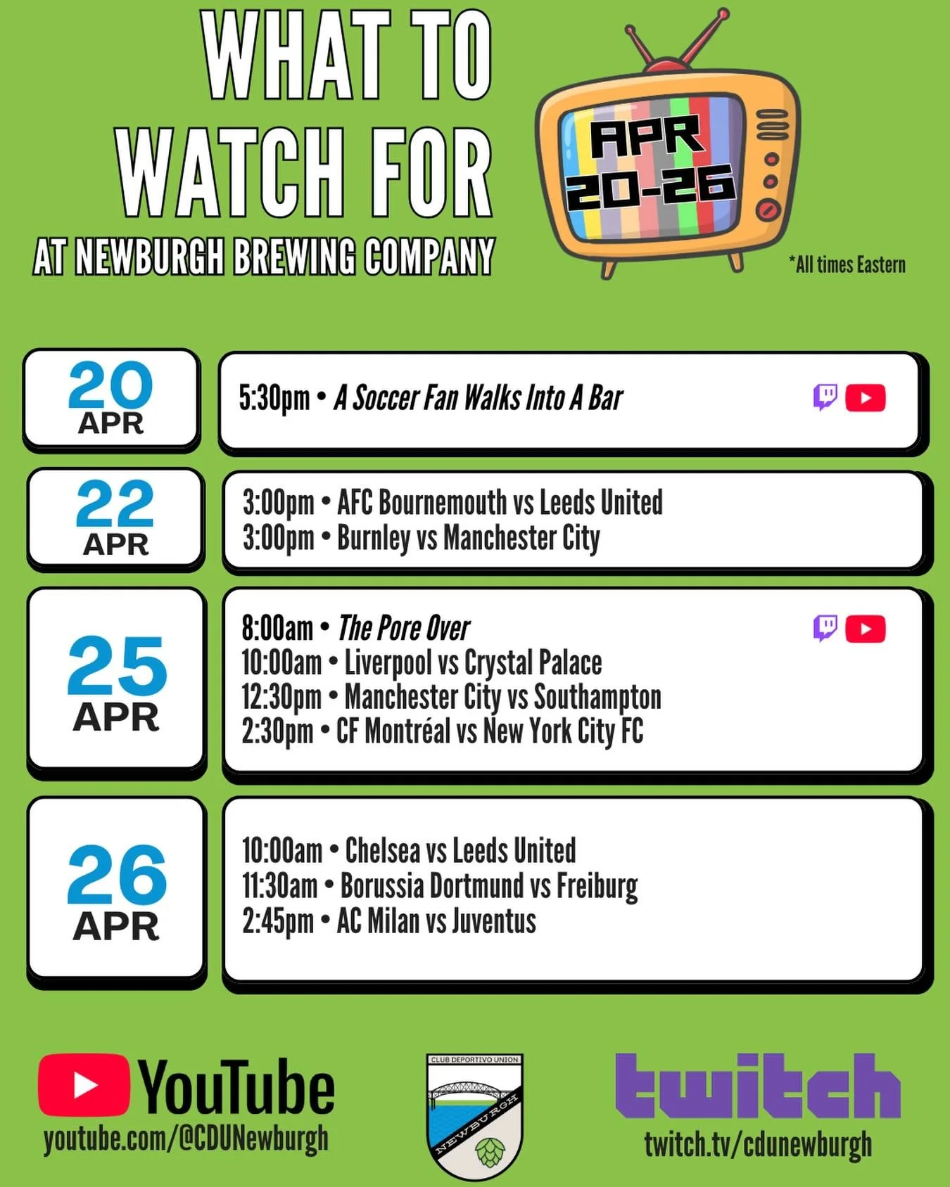More action on the docket this week, including FA Cup Semi-finals!! The road to Wembley is here alongside the rest of our watch parties so come on out!