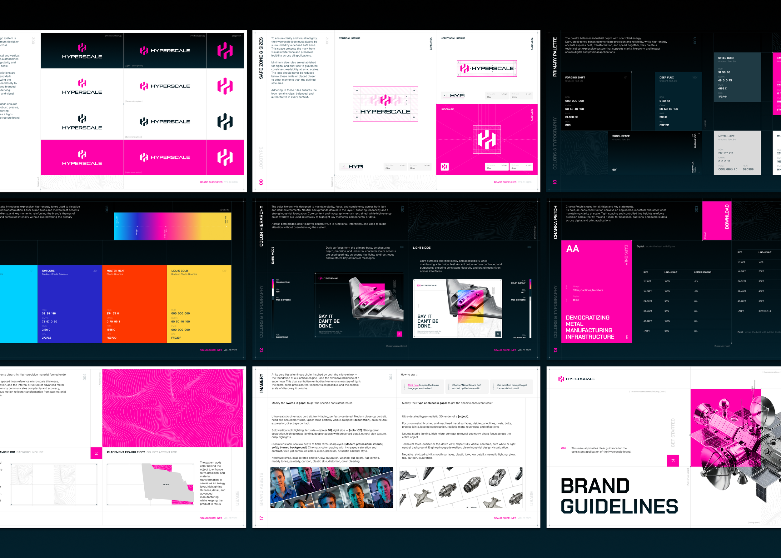 Collage of branding guidelines for Hyperscale, showing logo variations, color palette, typography, imagery, illustrations, manufacturing components, and brand messaging, with a prominent use of pink and black colors.