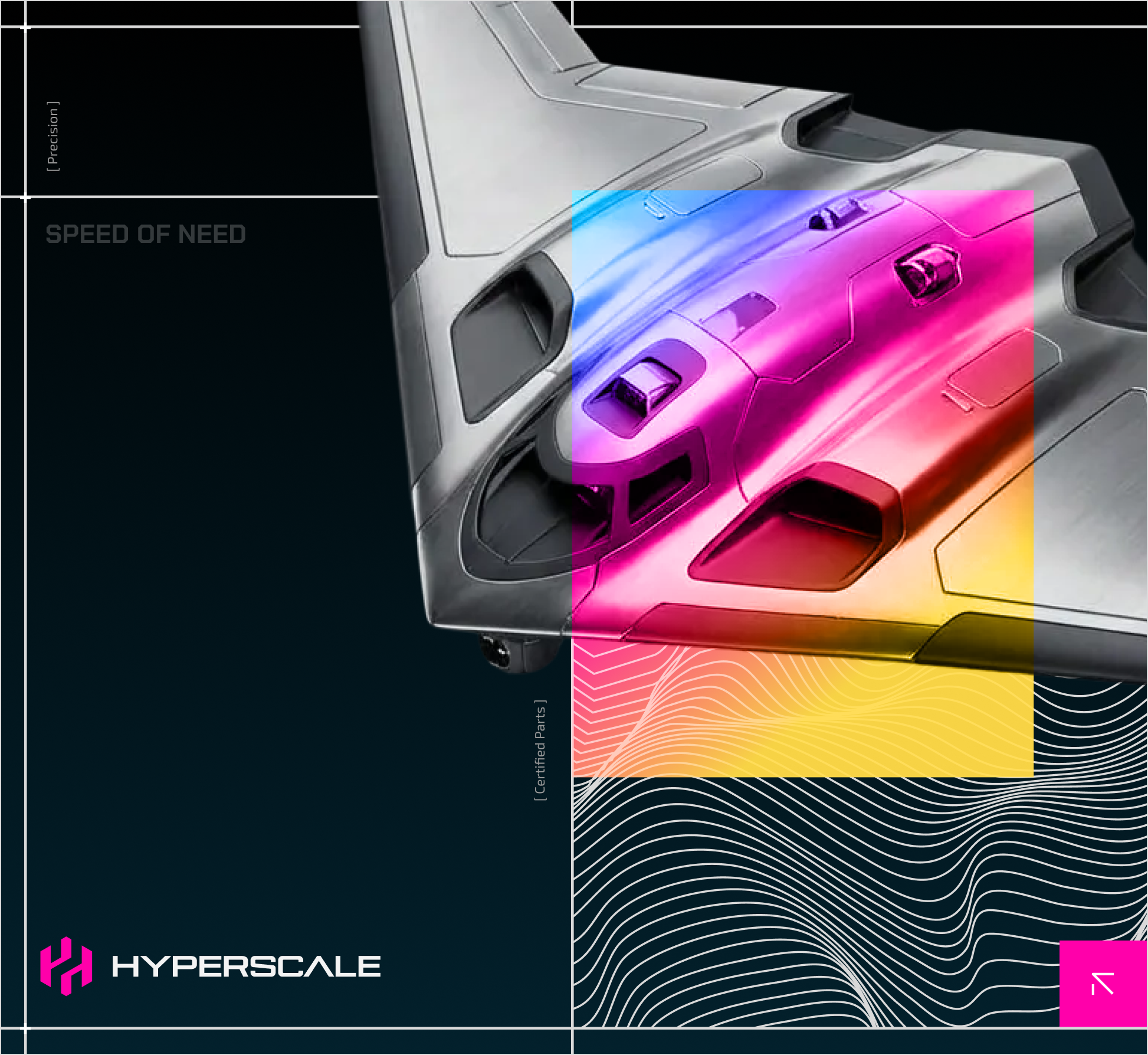 A futuristic drone with a sleek metallic body, featuring colored light effects and digital graphics, displaying the name 'Hyperscale' at the bottom left.