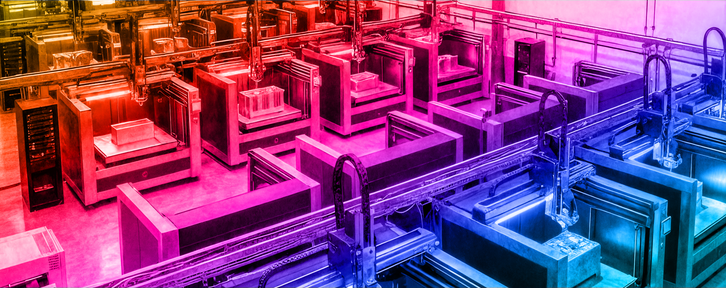 Colorful 3D-printed objects on an industrial manufacturing conveyor system.
