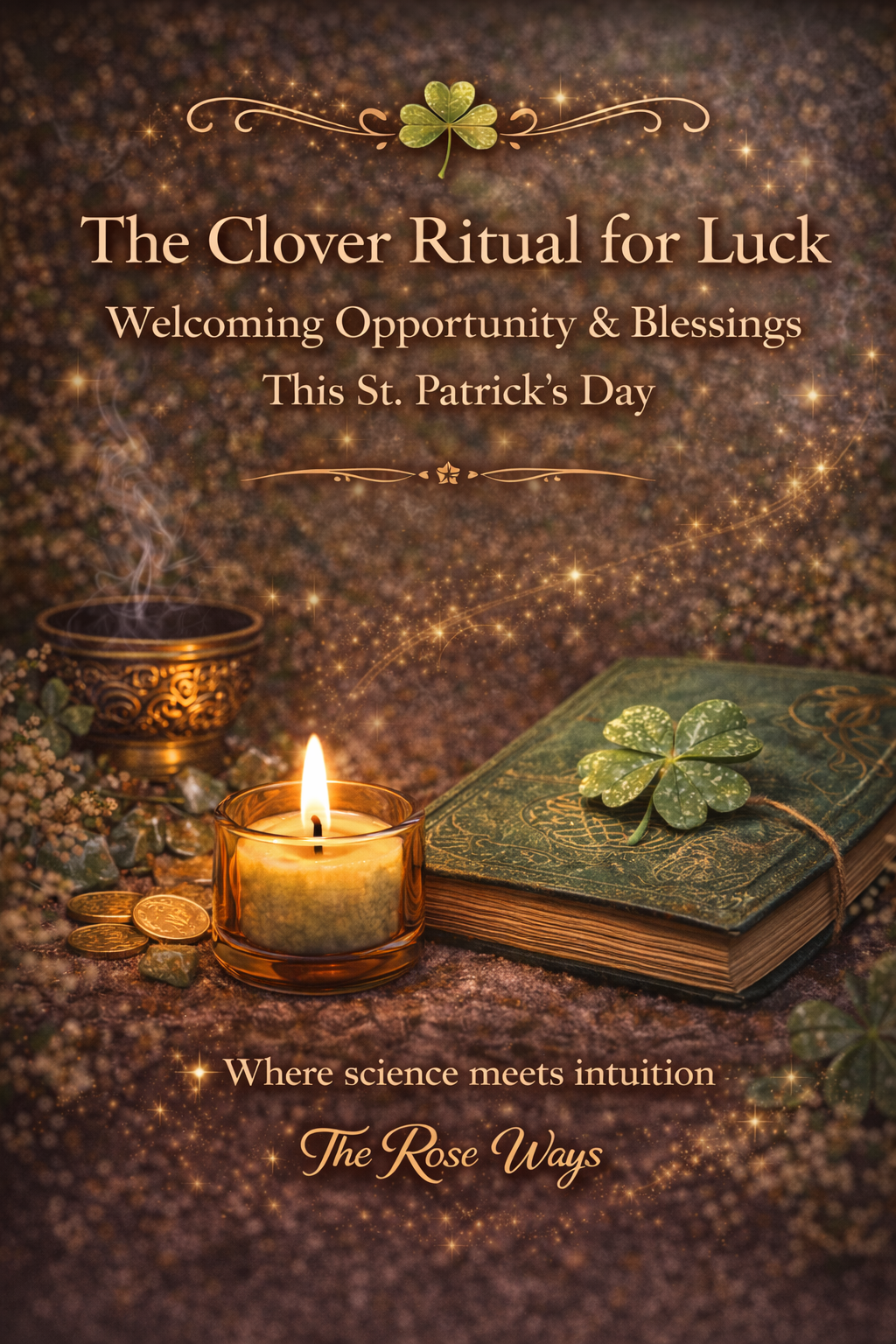 Clover ritual for luck spiritual practice by The Rose Ways featuring candle, shamrock, and intention ritual.