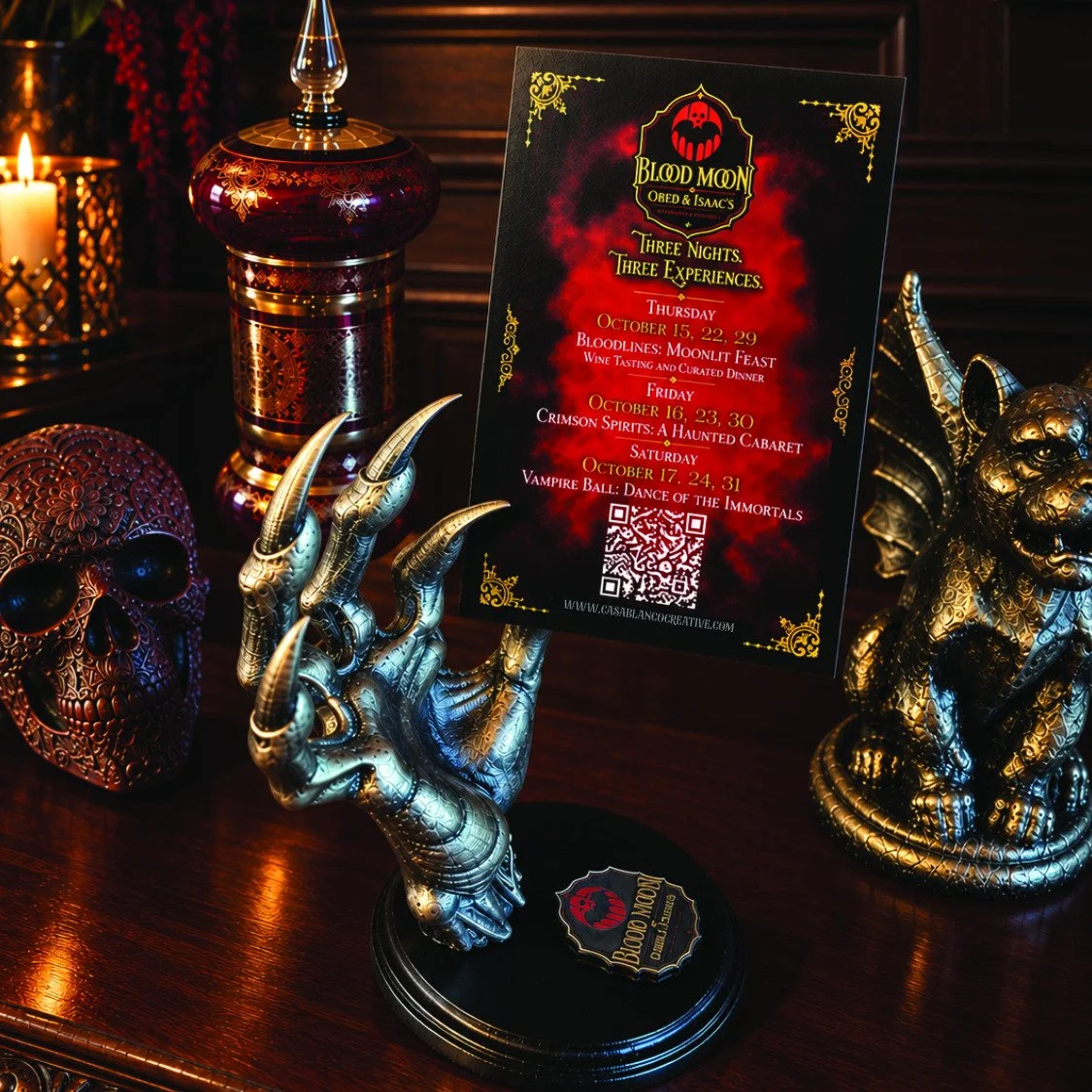 Thursday&rsquo;s Moonlit Feast is SOLD OUT, but the Blood Moon still has TWO NIGHTS waiting for you.

Get $30 OFF when you purchase Friday and Saturday, together.

THE COVENANT&nbsp;- Come for the cabaret. Return for the ball.

Experience both Friday