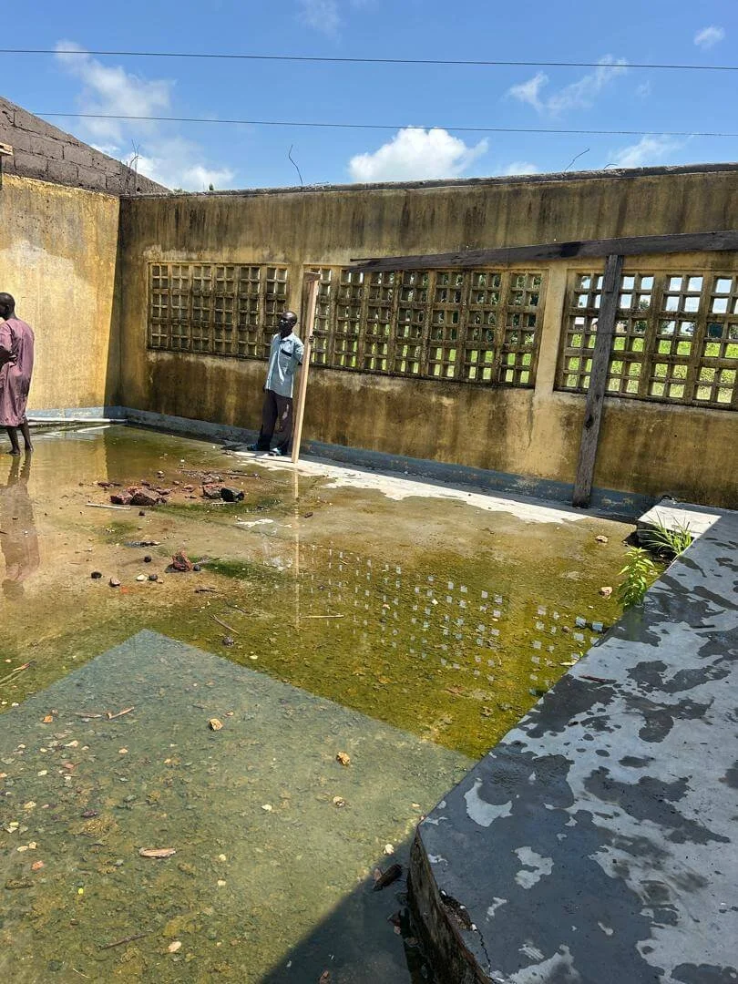 Two people standing in a shallow, algae-covered concrete enclosure with weathered walls and grid windows.