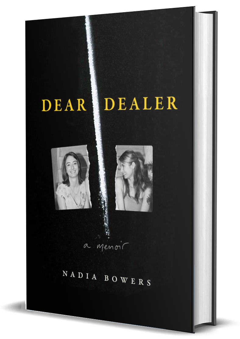 Book cover titled "Dear Dealer: a memoir" by Nadia Bowers, featuring black and white photos of two women on a black background with a white powdery stripe dividing the photos.